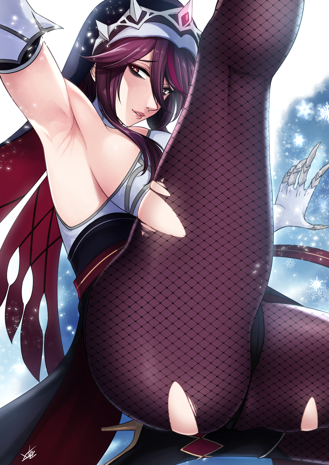 1girls, arm up, armpits, ass, bare armpits, big ass, big breasts, big butt, black legwear, black pantyhose, breasts, claws, elbow gloves, eyebrows visible through hair, eyelashes visible through hair, female, female only, fishnet legwear, fishnets, genshin impact, gloves, hair between eyes, half-closed eyes, high heels, highres, huge ass, huge breasts, huge butt, large ass, large breasts, large butt, leg up, legs, lips, looking at viewer, nun, pantyhose, purple eyes, purple hair, purple legwear, rosaria (genshin impact), sideboob, skindentation, sleeveless, solo, solo female, thick ass, thick butt, thick legs, thick thighs, thighs, torn clothes, torn legwear, torn pantyhose, veil, white gloves, xtermination