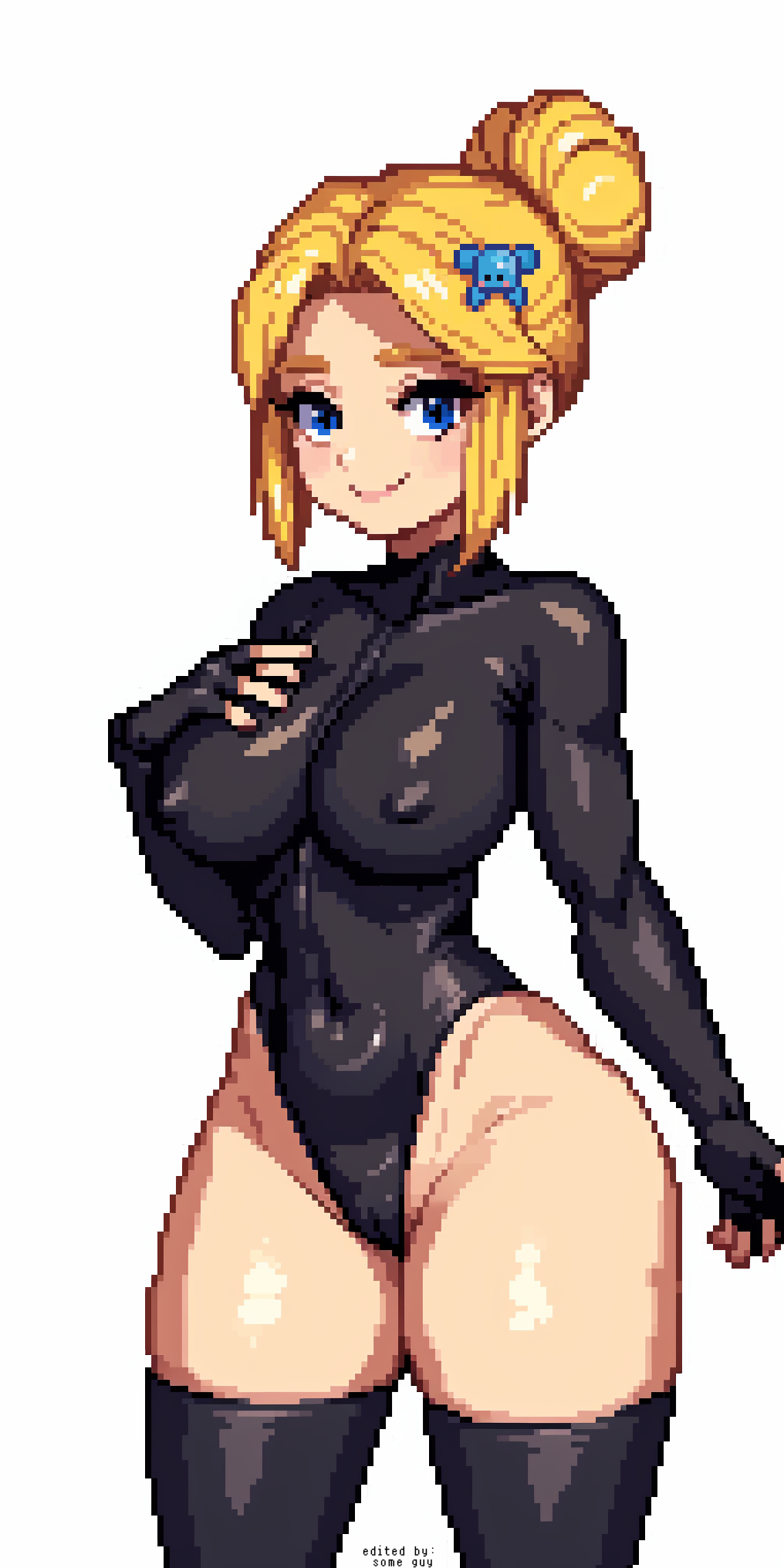 1girls, ai generated, big breasts, black leotard, black thighhighs, blonde hair, blue eyes, brawl stars, breasts, female, fingerless gloves, gloves, hair bun, hair ornament, hairclip, hand on chest, highleg, large breasts, leotard, looking at viewer, piper (brawl stars), pixel art, short hair, skin tight, smile, solo, thick thighs, thighhighs, white background