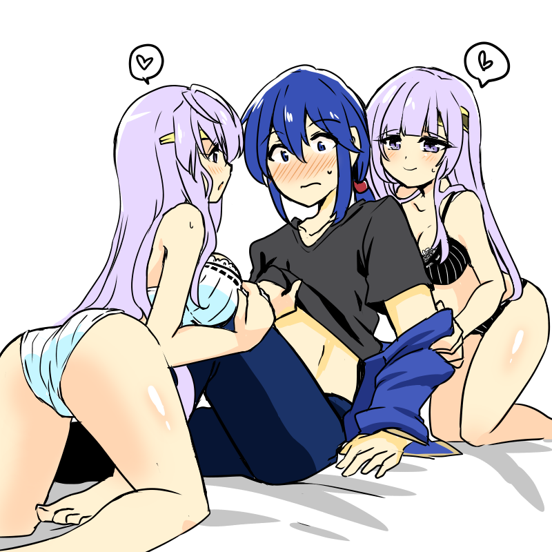 1boy 2girls ass big_ass black_bra black_panties blue_eyes blue_hair blush bra breasts brother_and_sister circlet commentary_request dual_persona female fire_emblem fire_emblem:_genealogy_of_the_holy_war half_brother half_siblings half_sister heart incest julia_(fire_emblem) large_breasts long_hair male multiple_girls nintendo open_mouth panties ponytail purple_eyes purple_hair seliph_(fire_emblem) siblings simple_background smile spoken_heart underwear undressing white_bra white_panties yukia_(firstaid0)