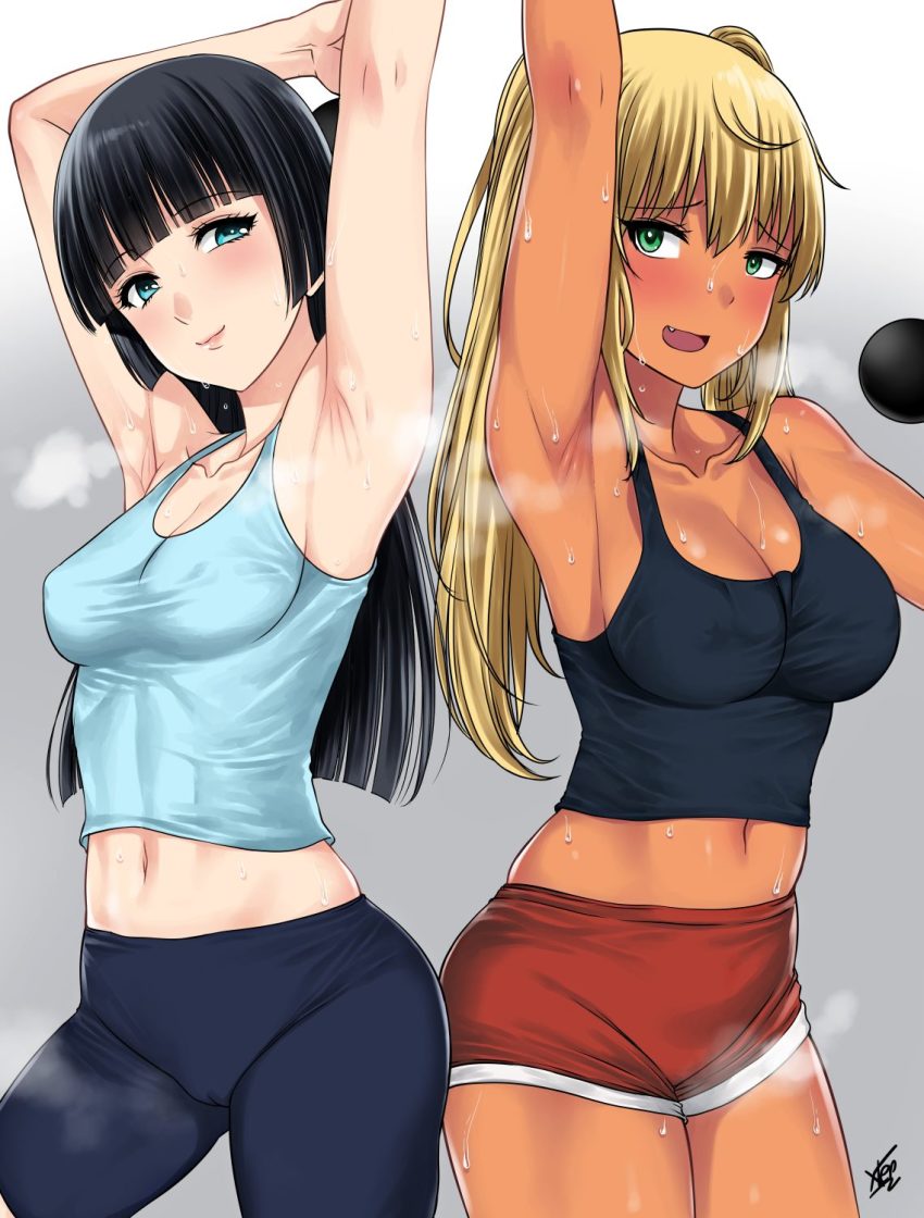 2girls armpits bike_shorts black_hair blonde_hair blue_eyes blush breasts cameltoe covered_erect_nipples dark-skinned_female dark_skin dumbbell_nan_kilo_moteru? female_focus green_eyes highres large_breasts long_hair looking_at_viewer medium_breasts multiple_girls navel oerba_yun_fang open_mouth red_shorts sakura_hibiki_(dumbbell_nan_kilo_moteru?) shorts smile souryuuin_akemi sportswear steam steaming_body sweat sweatdrop xtermination