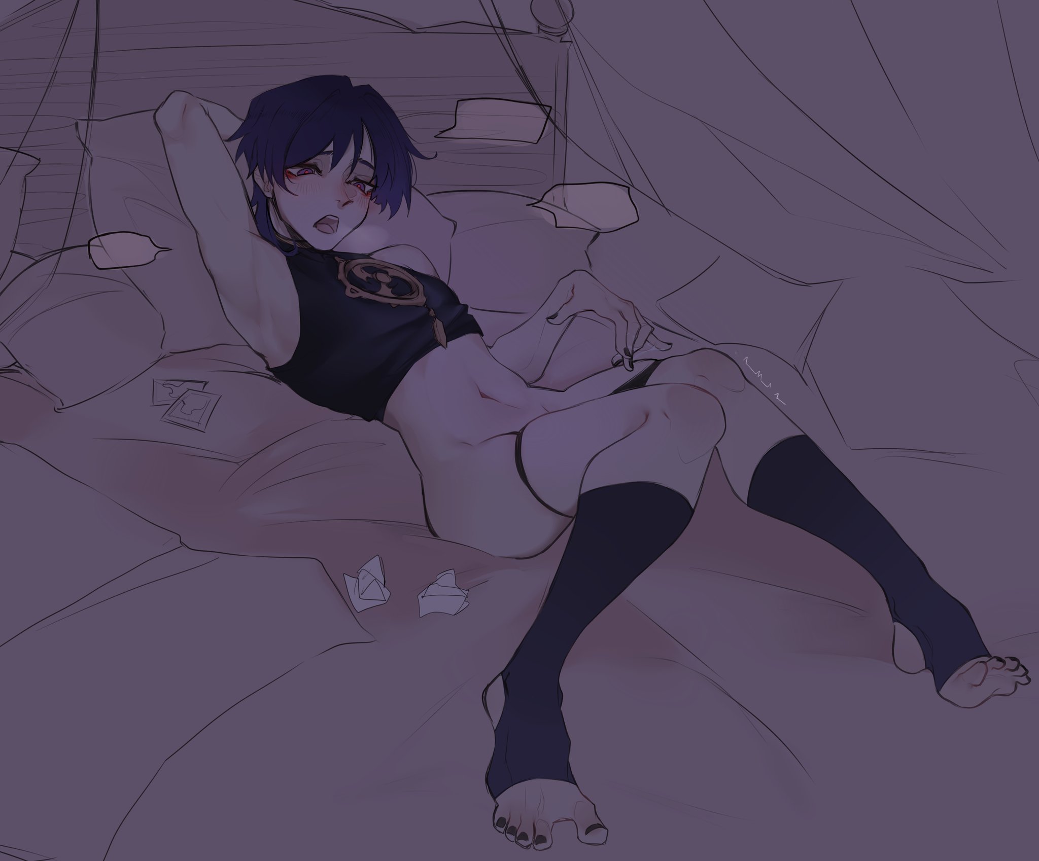 1boy, artist request, bed, cuntboy, femboy, fingering, genshin impact, intersex, male, male only, masturbation, nail polish, no visible genitalia, painted nails, panties down, purple hair, scaramouche (genshin impact), short hair, solo, solo male, sosososalle, text bubble, tissue, toenail polish