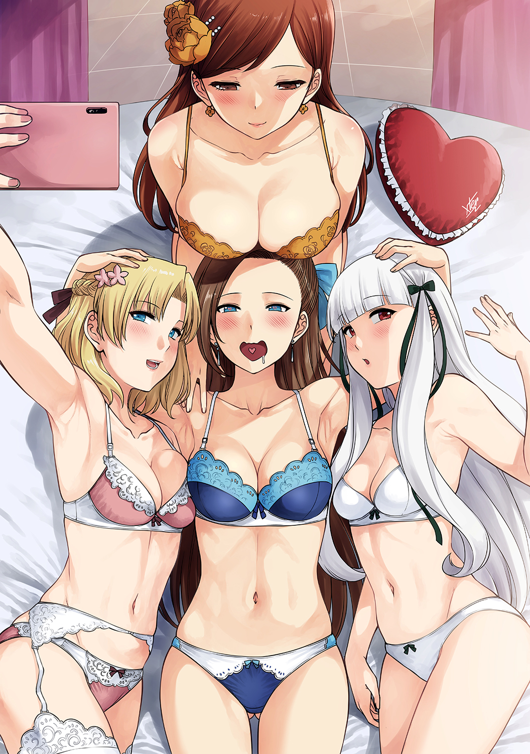 4girls armpits bare_armpits bare_arms bare_belly bare_shoulder bare_shoulders bare_stomach big_breasts black_ribbon blonde blonde_female blonde_hair blonde_hair_female blue_bra blue_eyes blue_eyes_female blue_lingerie blue_panties blush bra breasts brown_eyes brown_hair brown_hair_female cellphone cleavage curtain curtains curtains_open drooling ear_piercing ear_ring earring earrings eyebrows_visible_through_hair eyelashes_visible_through_hair female female_focus female_only frilled_bra frills garter_belt garter_straps girl_sandwich gluteal_fold hand_on_another's_head harem head_on_another's_thighs head_on_thighs heart heart-shaped_pupils heart_in_mouth heart_pillow heart_tongue highres holding holding_object holding_phone hourglass_figure huge_breasts katarina_claes lap_pillow large_breasts legs legs_together lingerie lingerie_bra lingerie_only lingerie_panties long_hair long_hair_female maria_campbell mary_hunt matching_hair/eyes matching_underwear medium_breasts multiple_females multiple_girls navel no_sex open_mouth otome_game_no_hametsu_flag_shika_nai_akuyaku_reijou_ni_tensei_shite_shimatta panties phone pillow pink_bra pink_curtains pink_lingerie pink_panties red_eyes red_eyes_female ribbon ribbons sandwiched selfie short_hair silver_hair small_breasts smartphone sophia_ascart stomach symbol-shaped_pupils thick_legs thick_thighs thighhighs thighs underwear underwear_only white_bra white_hair white_hair_female white_lingerie white_panties women xtermination yuri