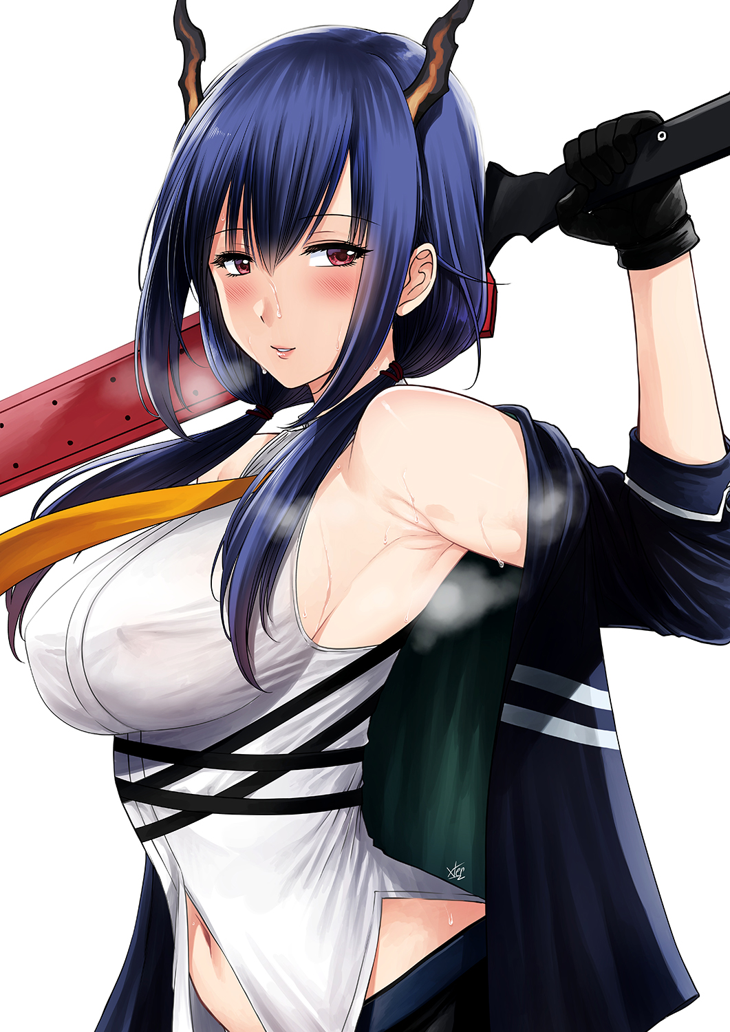 1girls arknights armpits bare_armpits bare_shoulders big_breasts black_gloves black_shorts blue_hair blush breasts ch'en_(arknights) covered_erect_nipples dark_blue_hair dragon_horns english_commentary eyebrows_visible_through_hair eyelashes_visible_through_hair female female_only gloves hair_between_eyes highres holding holding_object holding_sword holding_weapon horns huge_breasts jacket large_breasts long_hair long_hair_female looking_to_the_side low_tied_hair low_twintails multiple_straps navel nipple_bulge off_shoulder parted_lips red_eyes red_eyes_female short_shorts shorts sideboob simple_background solo_female sweat sweater sweating sweaty sweaty_armpit sweaty_armpits sweaty_face sword sword_behind_back sword_over_shoulder twintails weapon weapon_on_shoulder weapon_over_shoulder weapons white_background woman xtermination yellow_neckwear