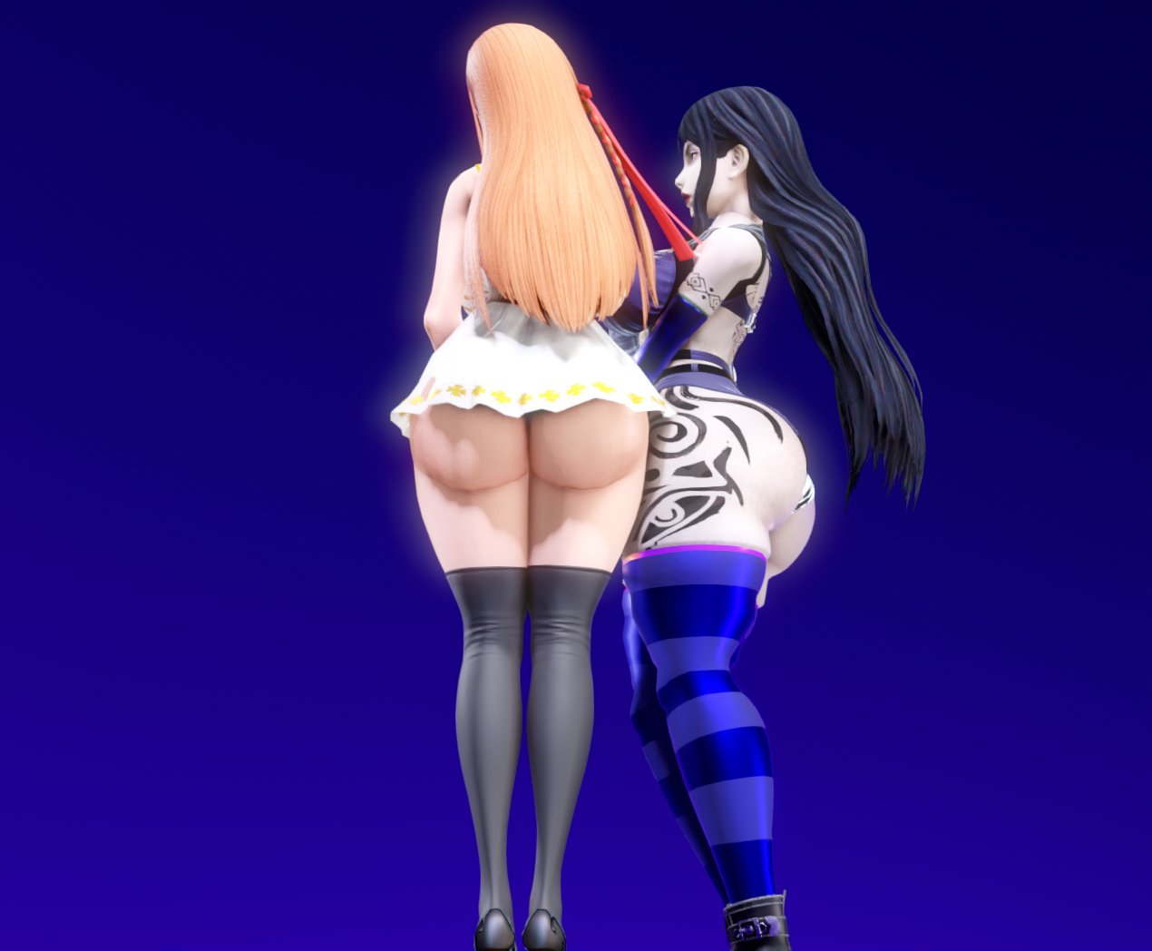 2girls 3d 3d_(artwork) ass_focus ass_tattoo back_view big_breasts big_thighs black_hair blonde_hair female final_fantasy_xiv from_behind gaia_(ffxiv) huge_ass human long_hair prevence ryne_waters skirt standing tattoo_on_butt tattooed_arm thick_thighs thighhighs wide_hips