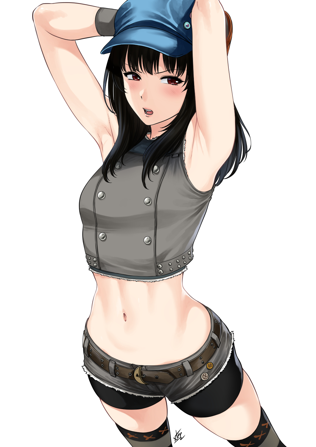 armpits arms_up badge bare_shoulders belt bike_shorts bike_shorts_under_shorts black_hair blue_headwear blush breasts brown_eyes buttons cabbie_hat commentary cowboy_shot crop_top cutoffs denim denim_shorts final_fantasy final_fantasy_vii final_fantasy_vii_remake frown grey_shirt grey_shorts hat highres kyrie_canaan medium_hair micro_shorts midriff navel open_mouth shirt short_shorts shorts simple_background sleeveless sleeveless_shirt small_breasts solo stomach thighhighs v-shaped_eyebrows xtermination