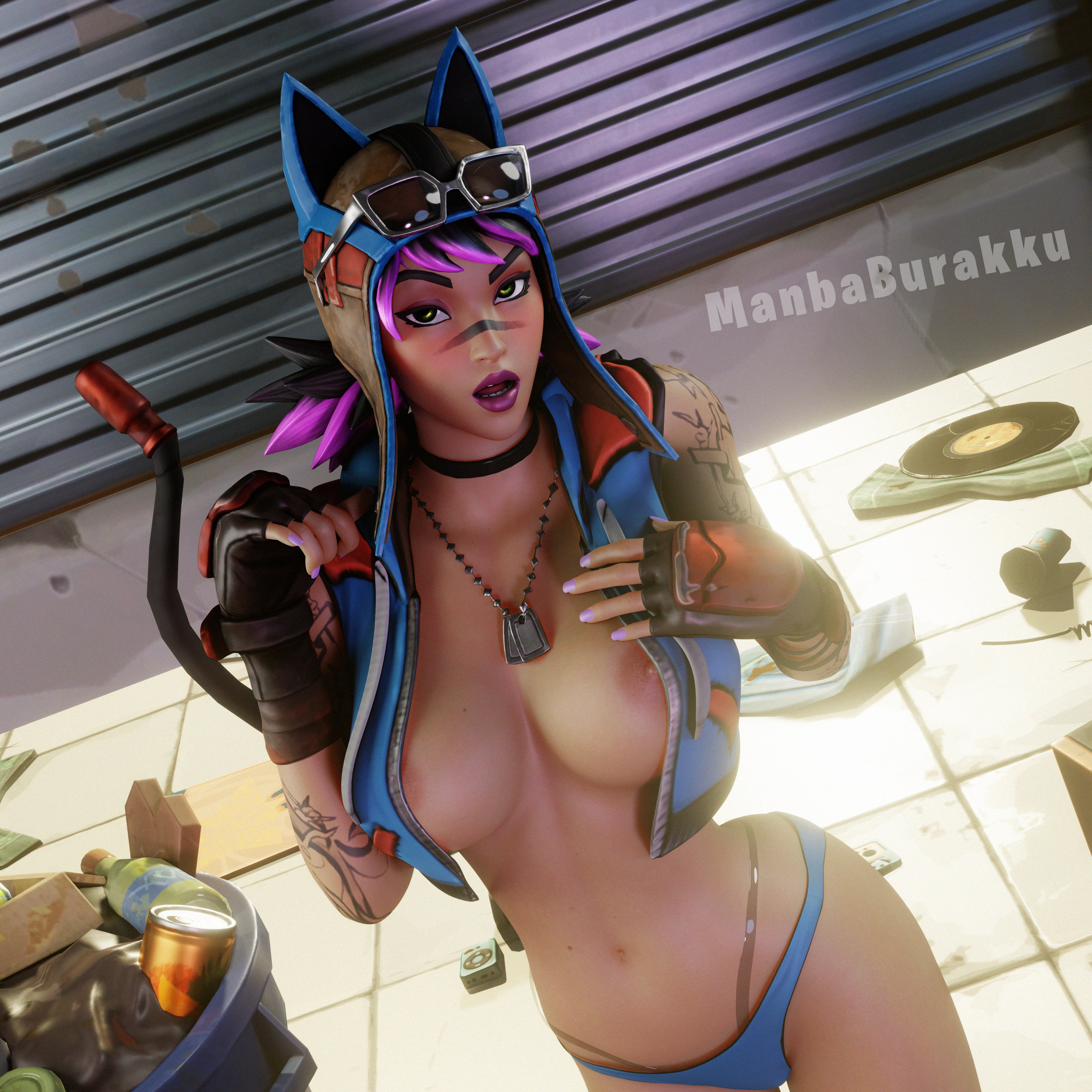 ass, big ass, big breasts, blush, breasts, choker, dog tags, female, fortnite, fortnite: battle royale, gloves, jacket, looking at viewer, manbaburakku, open mouth, panties, partially clothed, renegade lynx, solo female, thong, wide hips