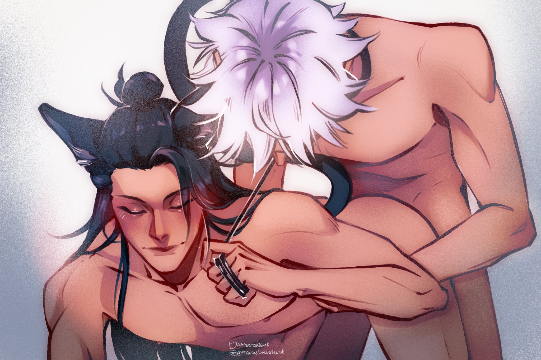 2boys, anal sex, asian male, cat ears, cat tail, color, dog collar, doggy style, erect nipples, hand on hip, jujutsu kaisen, male, male/male, muscular, muscular male, nipples, nude, nude male, penetration, satoru gojo, suguru geto, twink, white hair, yaoi