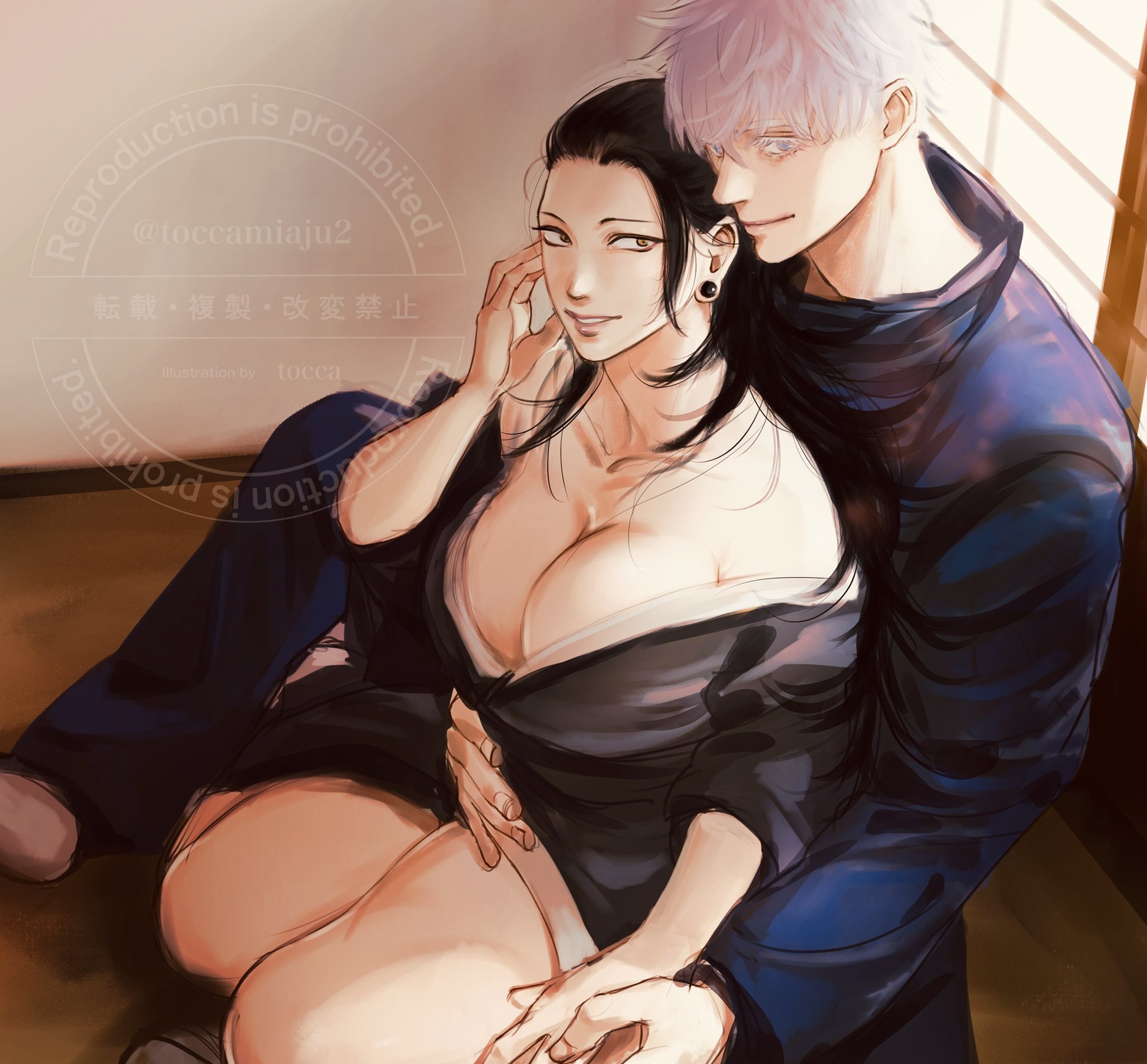 1boy, 1girls, asian female, big breasts, black hair, blue eyes, breasts, clothed female nude male, clothing, color, curvy, earrings, female, genderswap, genderswap (mtf), gold eyes, hand on hip, hips, hug, jujutsu kaisen, kimono, long hair, looking at partner, male, milf, muscular, muscular male, rule 63, satoru gojo, straight, suguru geto, white hair