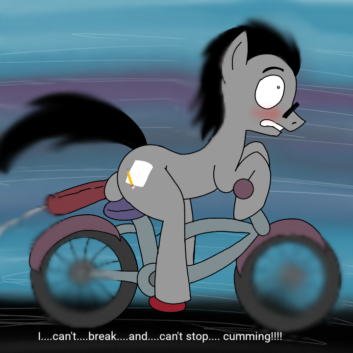 ass bicycle bodily_fluids cum cutie_mark earth_pony embarrassed equid equine fan_character genital_fluids genitals grey_body hasbro horse humor joe_the_pony male male/male mammal mojobutterspanky my_little_pony penis pony road shocked shocked_expression solo