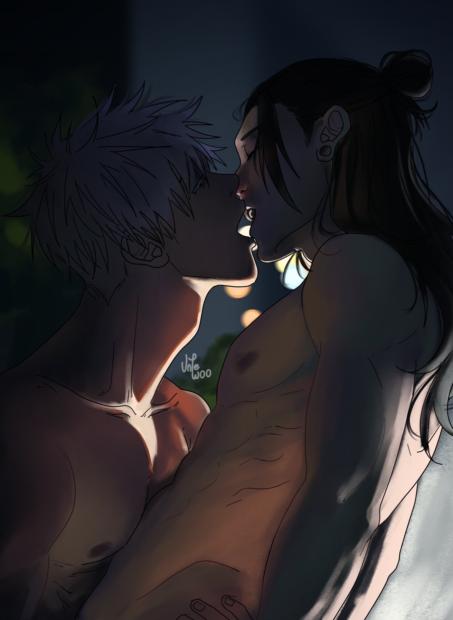 2boys, ass, black hair, closed eyes, color, earrings, hand on ass, hand on butt, hand on hip, jujutsu kaisen, kissing, long hair, male, male/male, muscular, muscular male, nipples, nude, nude male, satoru gojo, shadow, suguru geto, yaoi