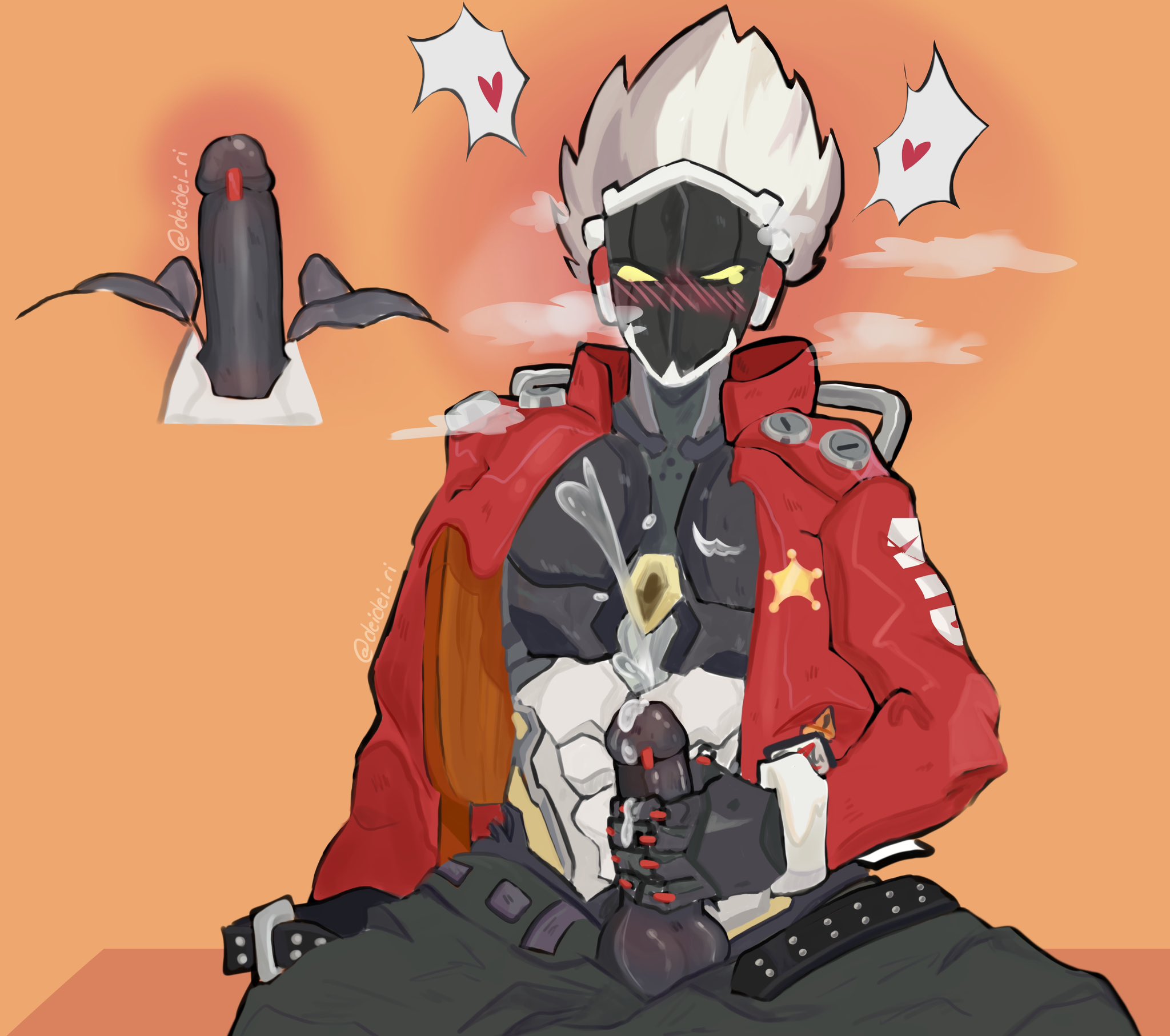 1boy, ass, billy kid (zenless zone zero), blush, blushing at viewer, cum, cum on hand, cum on penis, cumshot, handjob, heart, jerking off, looking at viewer, male, male only, partially clothed, penis, robot, robot humanoid, screen face, solo, solo focus, solo male, zenless zone zero