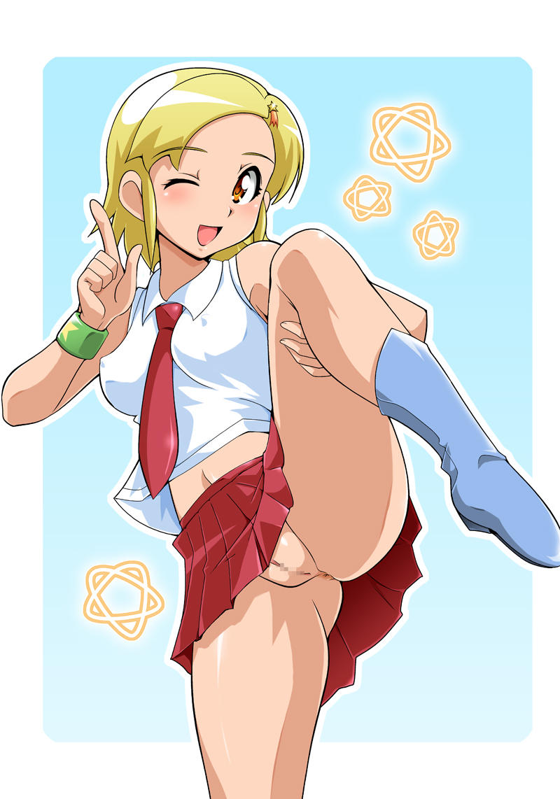 blonde_hair blush censored erect_nipples female innie_pussy keroro_gunsou leg_lift no_bra no_panties pussy ryumage skirt solo upskirt wink