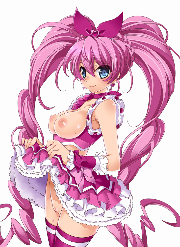 1girls blue_eyes breasts breasts_out clothing cure_melody earrings female houjou_hibiki jewelry katsuma_rei long_hair magical_girl medium_breasts nipples no_bra no_panties pink_hair precure pretty_cure pussy simple_background skirt skirt_lift solo stockings suite_precure thighhighs tied_hair twintails uncensored