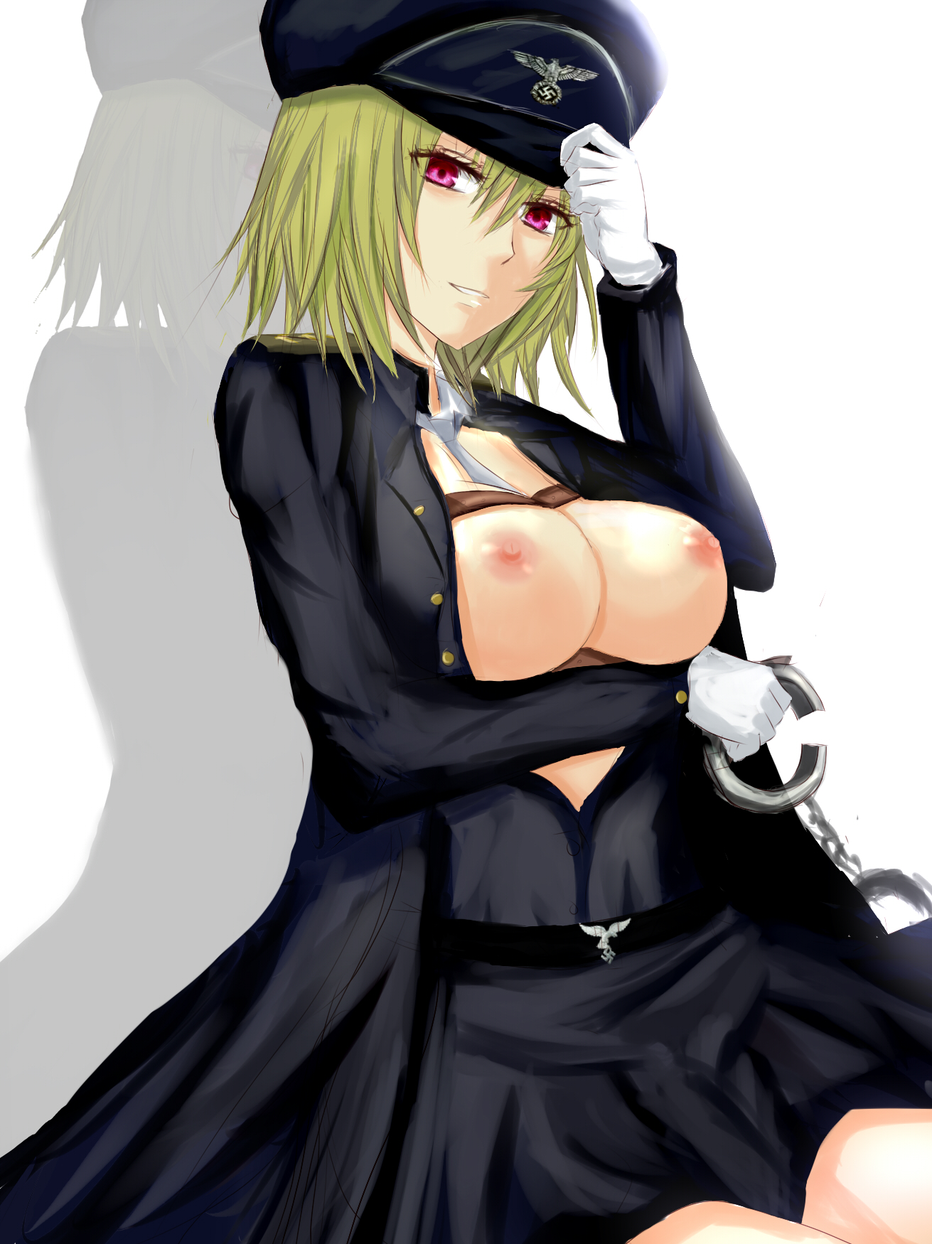 1girls, areola, blonde hair, breasts, breasts out, busty, cap, cleavage, fem ss officer, female, gloves, green hair, handcuffs, hat, highres, large breasts, misaka 12003-gou, nazi, necktie, nipples, peaked cap, red eyes, skirt, solo, swastika, touhou, uniform, voluptuous, youkai, yuka kazami