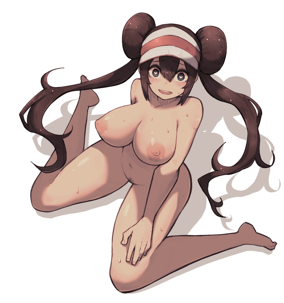 1girls, blue eyes, blush, breasts, brown hair, collarbone, double bun, eyebrows visible through hair, feet, female, female only, from above, full body, hat, heart, heart-shaped pupils, highres, human, human only, lamb-oic029, large breasts, light skin, light-skinned female, long hair, looking at viewer, navel, nintendo, nipples, nude, open mouth, pink hat, pokemon, pokemon bw2, pubic hair, rosa (pokemon), shiny skin, simple background, sitting, smile, solo, spread legs, straight hair, sweat, symbol-shaped pupils, teeth, tied hair, twintails, very long hair, visor cap, wariza, white background, wide eyed, wide hips