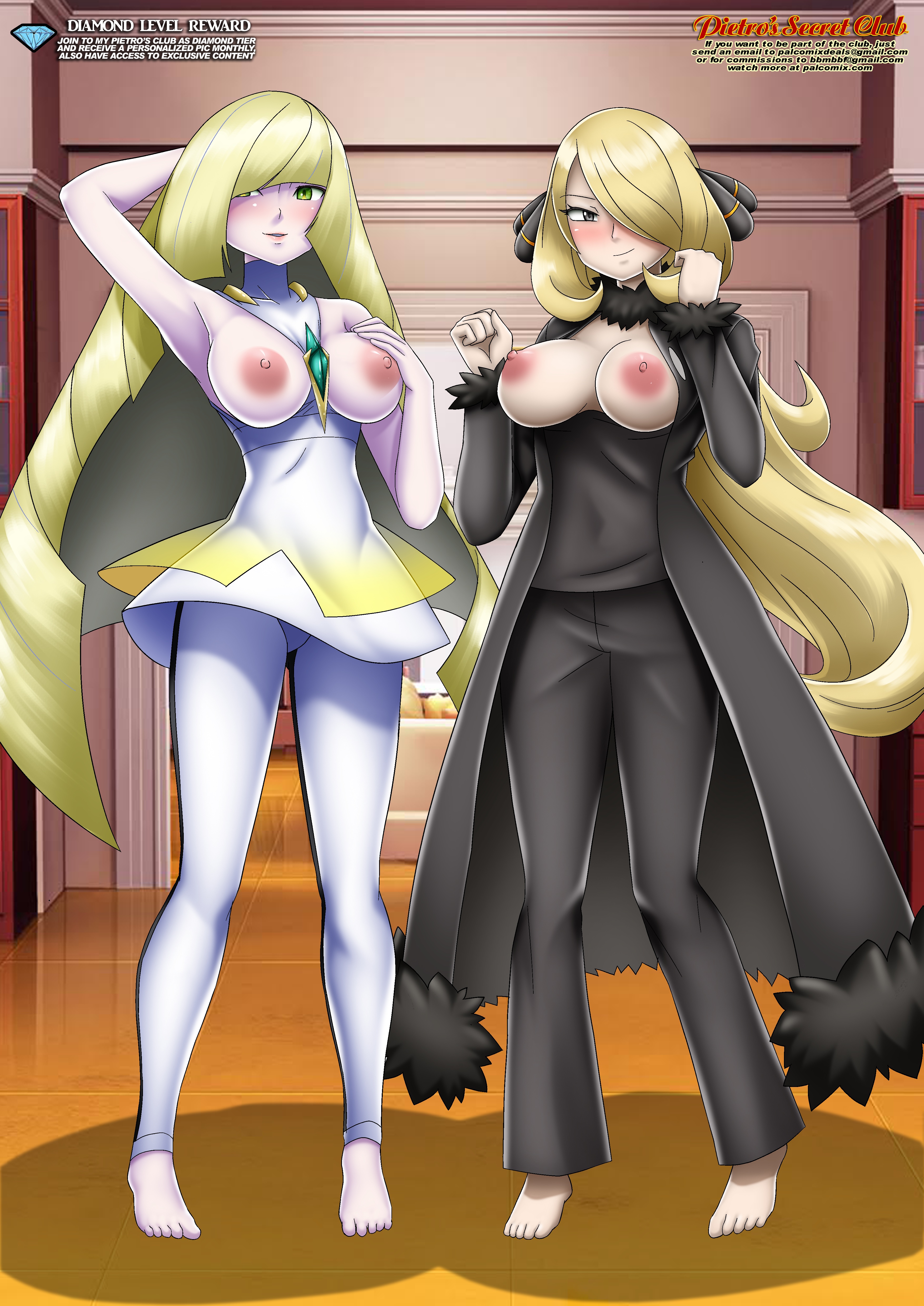 2girls, areola, areolae, armpits, barefoot, big breasts, blonde hair, blush, breasts, breasts out, busty, clothes between breasts, cynthia (pokemon), detailed background, exposed breasts, feet, female, female only, fully clothed, green eyes, hair ornament, hair over one eye, human, human only, long blonde hair, long hair, lusamine (pokemon), mature female, milf, multiple females, multiple girls, nintendo, nipples, no bra, palcomix, pokemon, pokemon dppt, pokemon sm, pokepornlive, standing, toes, topless, very long hair