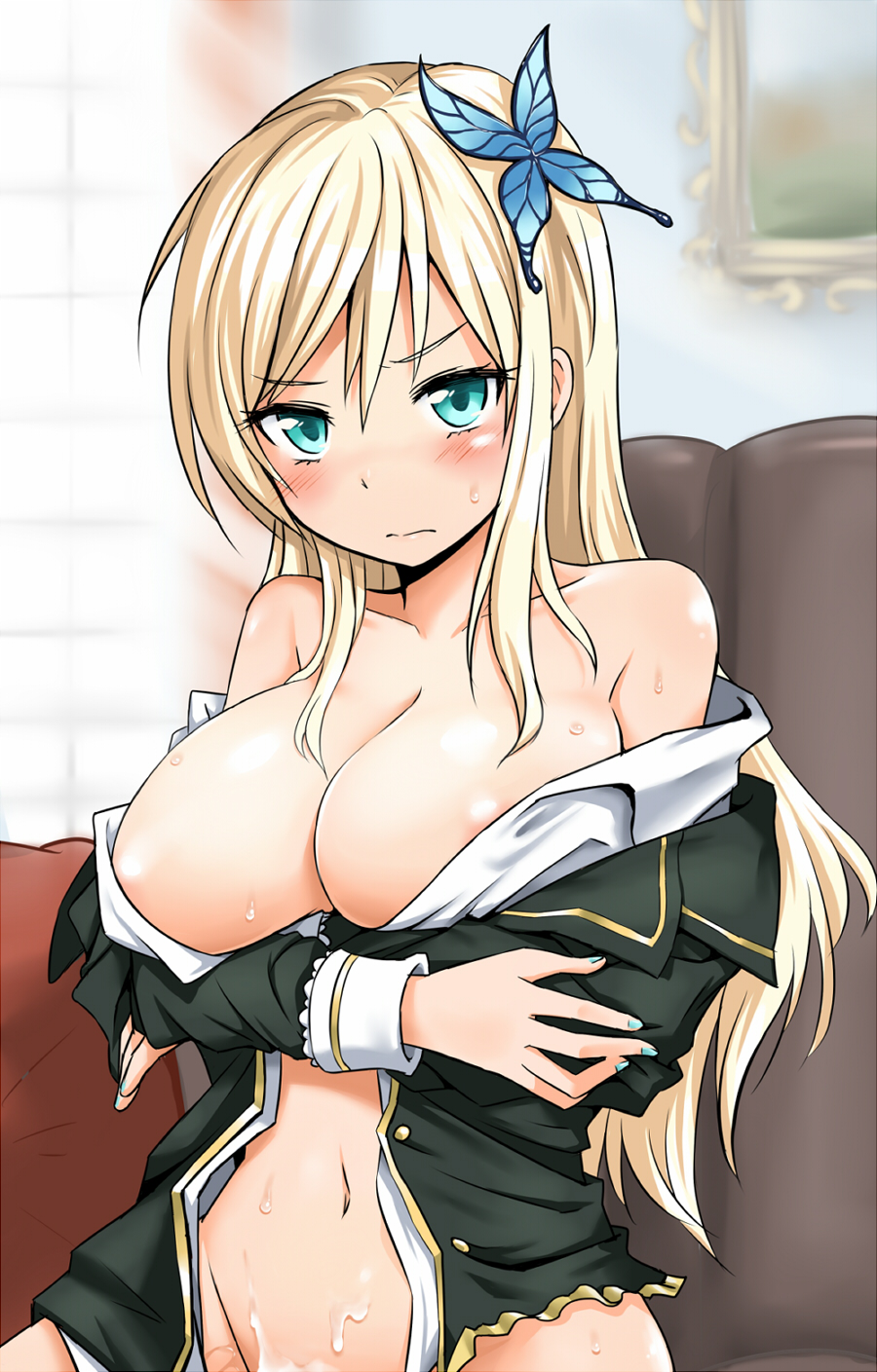 after_sex aqua_eyes bare_shoulders blonde_hair blush boku_wa_tomodachi_ga_sukunai breasts butterfly_hair_ornament cleavage cum cum_on_body cum_on_lower_body embarrassed female hair_ornament high_resolution human large_breasts long_hair navel out-of-frame_censoring school_uniform sena_kashiwazaki solo zaxwu