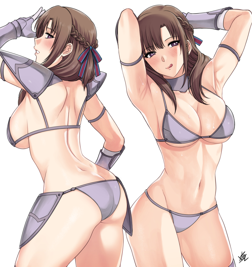 1girls arm_guards arm_strap armor armored armored_female armored_gloves armpits arms_behind_head arms_up artist_name ass bare_armpits bare_back bare_belly bare_stomach big_ass big_breasts big_butt bikini bikini_armor blush bracer braid breasts brown_background brown_hair brown_hair_female butt butt_crack cleavage cowboy_shot dimples_of_venus do_you_love_your_mom_and_her_two-hit_multi-target_attacks? eyebrows_visible_through_hair eyelashes_visible_through_hair faulds female female_only french_braid fully_clothed gloves gluteal_fold grey_bikini grey_gloves groin hair_between_eyes hair_ribbon hand_on_own_hip highres hourglass_figure huge_ass huge_breasts huge_butt large_ass large_breasts large_butt legs licking licking_lips long_hair long_hair_female looking_at_viewer mature mature_female milf multiple_views navel oosuki_mamako parted_lips pointy_chin purple_eyes red_ribbon revealing_clothes ribbon seductive_smile shoulder_armor sidelocks signature simple_background skimpy_clothes skindentation smile solo_female stomach swimsuit thick_ass thick_butt thick_legs thick_thighs thighhighs thighs tongue tongue_out tsuujou_kougeki_ga_zentai_kougeki_de_ni-kai_kougeki_no_okaasan_wa_suki_desu_ka? white_background white_thighhighs xtermination