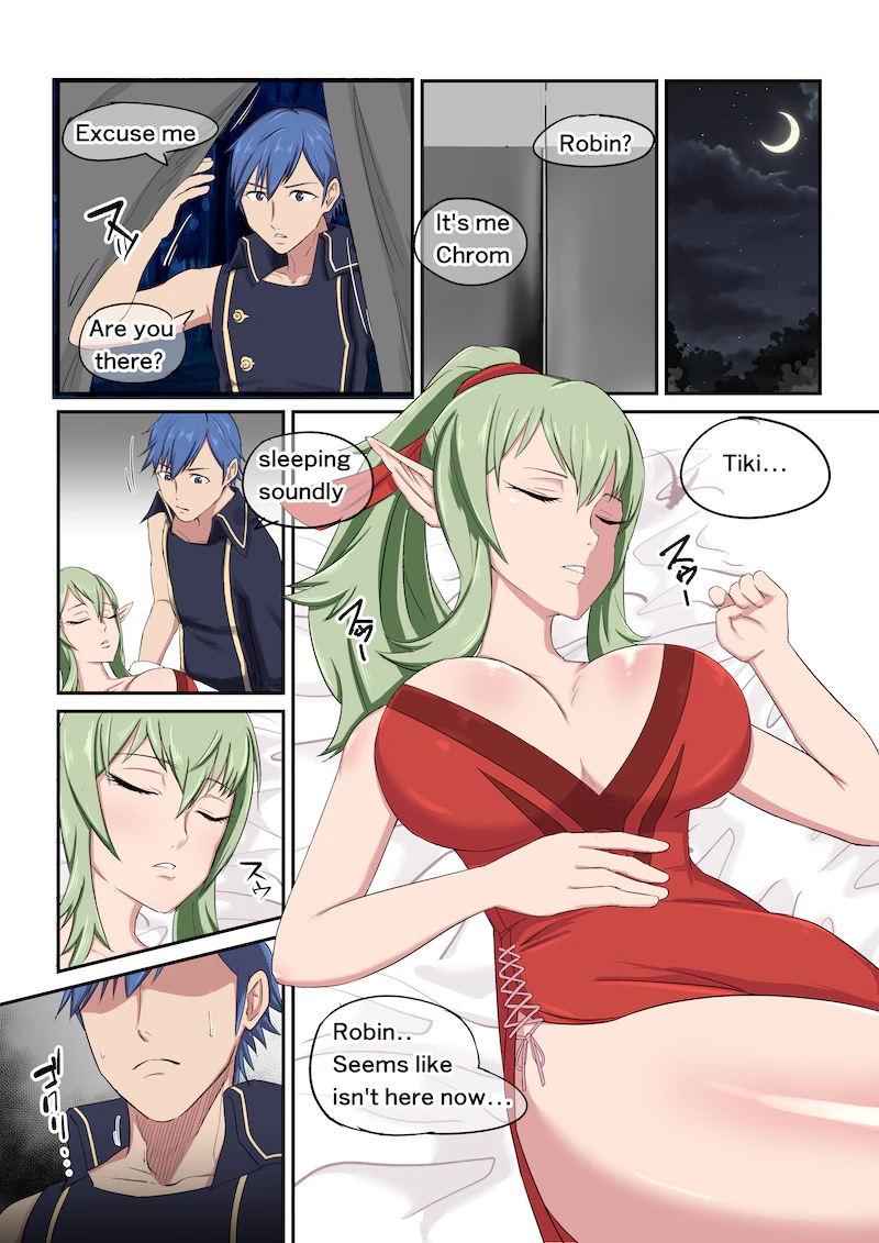 1boy 1ch 1girls alternate_breast_size asymmetrical_clothes bare_arms big_breasts blue_eyes blue_hair breasts censored chrom_(fire_emblem) cleavage closed_eyes comic dress english_text female fire_emblem fire_emblem_awakening frown green_hair imminent_sex indoors large_breasts male nervous night nintendo panels pelvic_curtain ponytail short_hair sleep_molestation sleeping sound_effects tent text thick_thighs thighs tiki_(adult)_(fire_emblem) tiki_(fire_emblem) walk-in