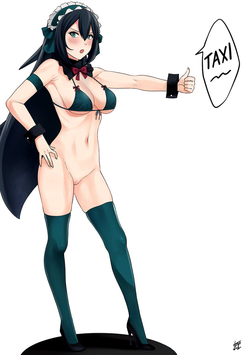 alternate_costume aqua_eyes bare_arms bikini bikini_top_only black_hair blush bottomless bow frills gundam gundam_build_divers gundam_build_divers_re:rise highres may_(gundam_build_divers_re:rise) no_panties pussy swimsuit thighhighs third-party_edit thumbs_up uncensored xtermination