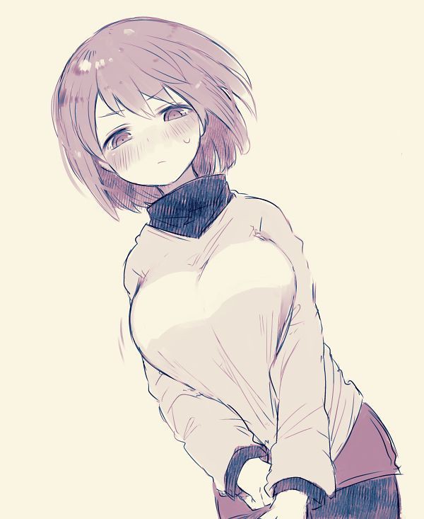 1girls, 2d, big breasts, blush, blushing, blushing at viewer, breasts, brown hair, chara, clothing, color, female, female chara, looking at viewer, oshiruko (tsume), red eyes, solo, sweatdrop, sweater, tagme, undertale, undertale (series)