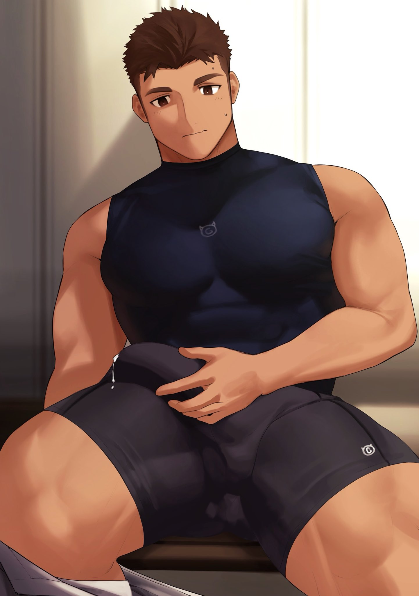 1boy bara bulge clothed_masturbation crotch_grab cum cum_in_clothes cum_through_clothes dark-skinned_male dark_skin erection erection_under_clothes goburin_second highres large_pectorals locker locker_room looking_at_viewer male_focus male_masturbation male_only masturbation muscular muscular_male original paid_reward_available pectorals short_hair sideburns sitting_on_bench solo spread_legs sweat thick_eyebrows thick_thighs thighs wavy_mouth