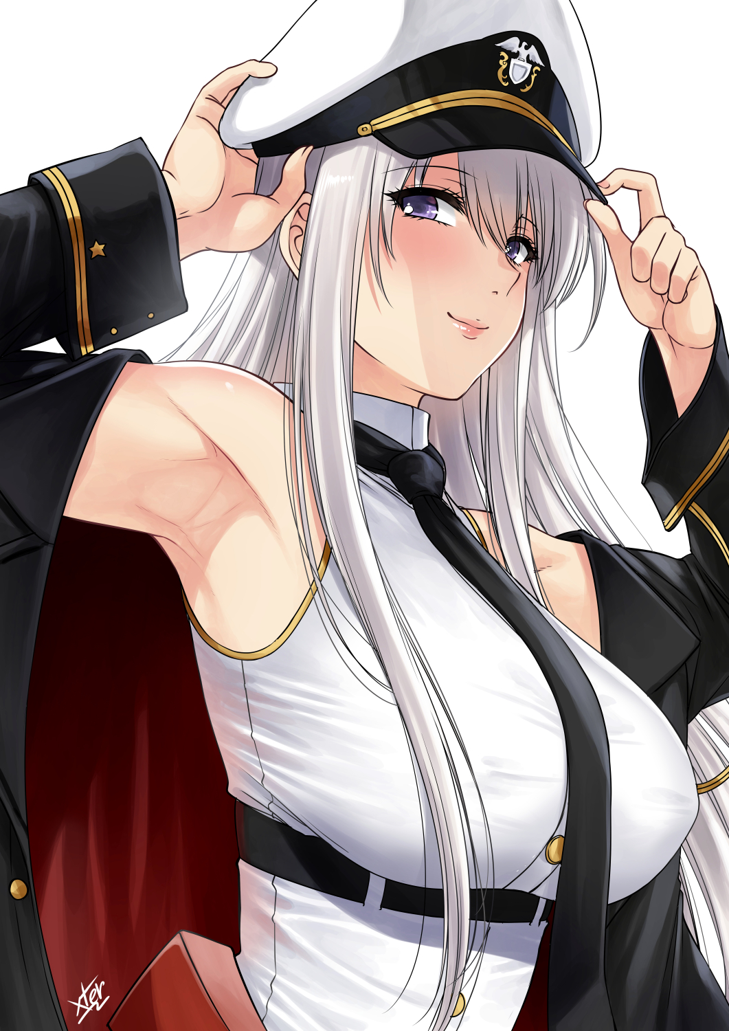 armpits, azur lane, bare shoulders, black necktie, blush, breasts, closed mouth, coat, enterprise (azur lane), female, hat, highres, large breasts, long hair, looking at viewer, necktie, peaked cap, purple eyes, shirt, signature, silver hair, simple background, sleeveless, sleeveless shirt, smile, solo, very long hair, white background, xtermination