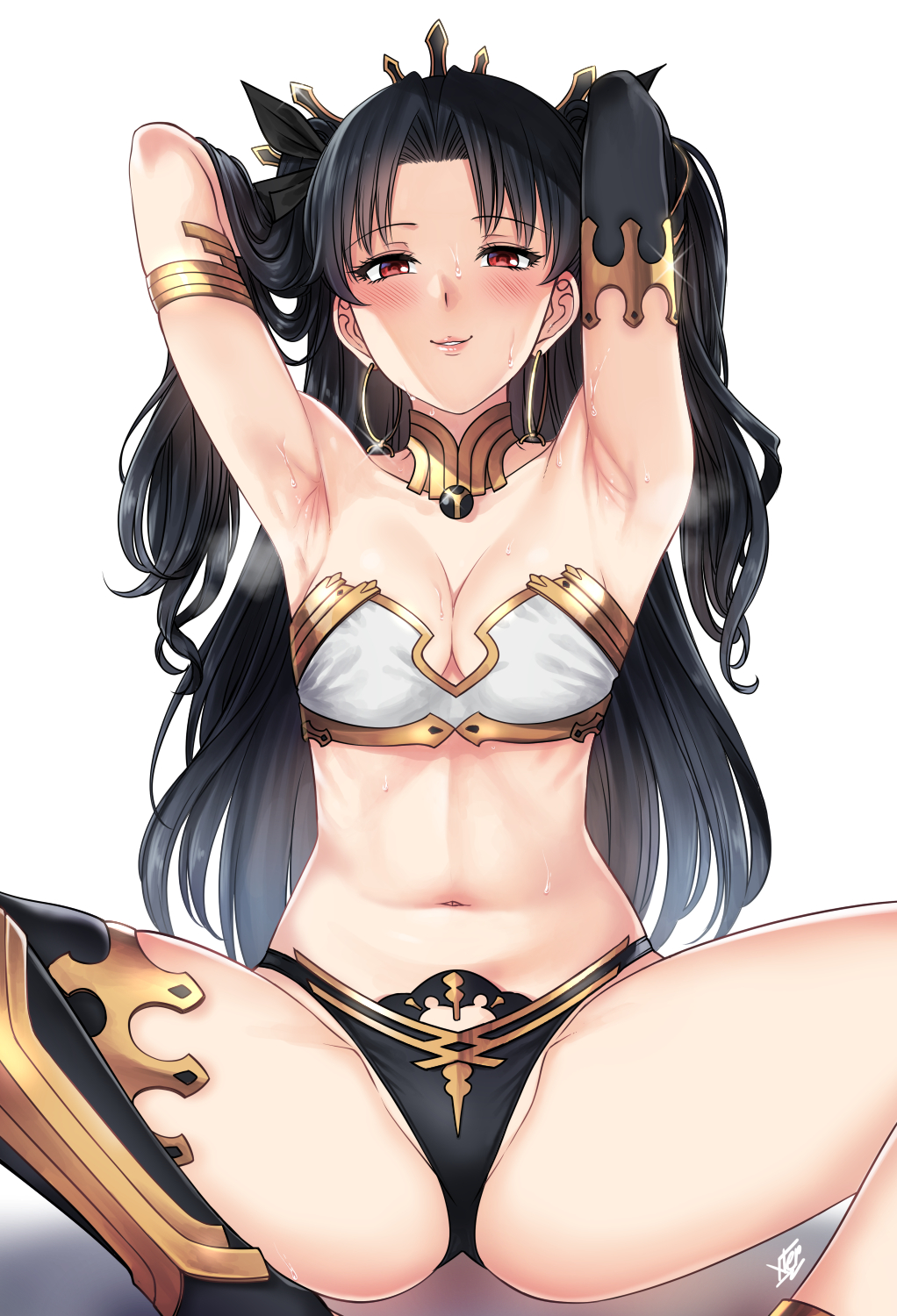 anklet, armlet, armpit crease, armpits, asymmetrical legwear, bare shoulders, black hair, blush, breasts, bridal gauntlets, clitoris, crown, detached collar, earrings, elbow gloves, fate (series), fate/grand order, female, gloves, gold trim, groin, hair ribbon, highres, hoop earrings, ishtar (fate), jewelry, long hair, looking at viewer, medium breasts, navel, neck ring, parted bangs, pussy, red eyes, ribbon, simple background, single elbow glove, single thighhigh, sitting, smile, solo, stomach, thighhighs, two side up, uneven legwear, white background, xtermination