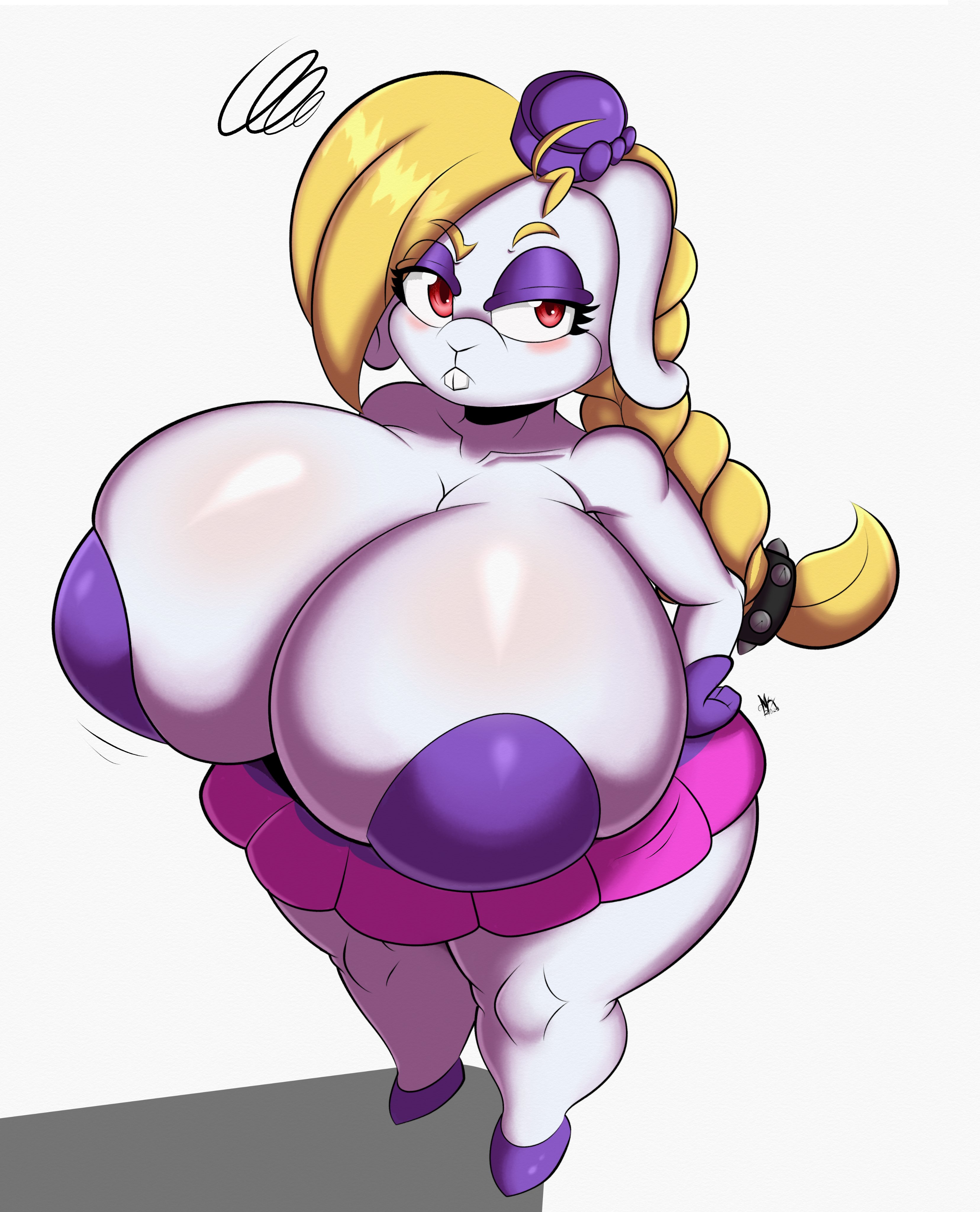 1girls, annoyed, annoyed expression, ass, blonde hair, breasts, bunny, bunny costume, bunny ears, bunny girl, bunnysuit, choker, clothing, female, furry, furry only, hands on hips, hariet (mario), huge ass, huge breasts, huge thighs, looking at viewer, looking up, mario (series), mrxrickyx, necklace, nintendo, pout, pouting, pouty lips, shortstack, skirt, solo, solo female, solo focus, super mario odyssey, top heavy, white fur
