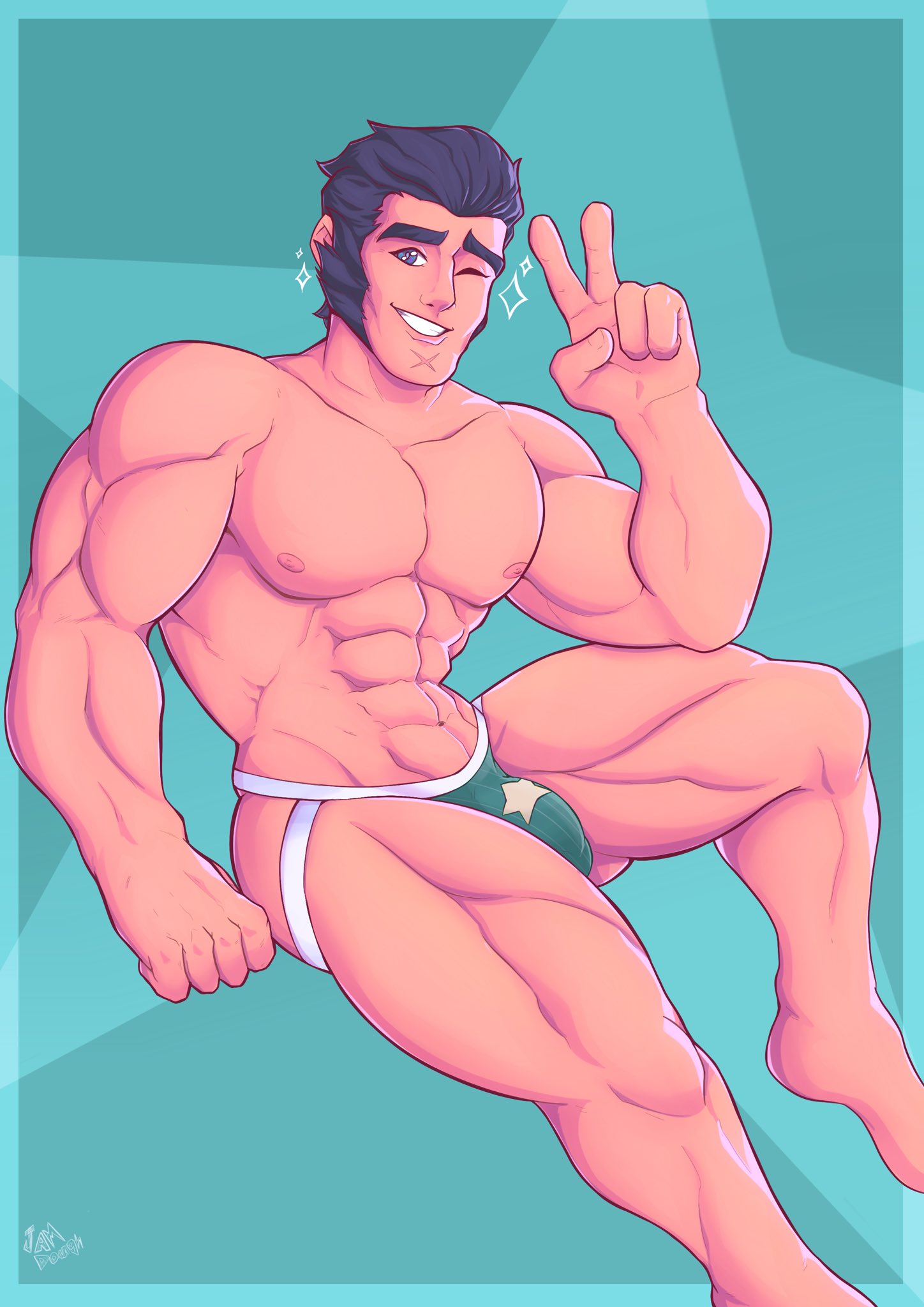 brawl_stars bulge colt_(brawl_stars) gay green_background jam_dough jockstrap_only male_only muscular_male peace_sign scar sparkles wink