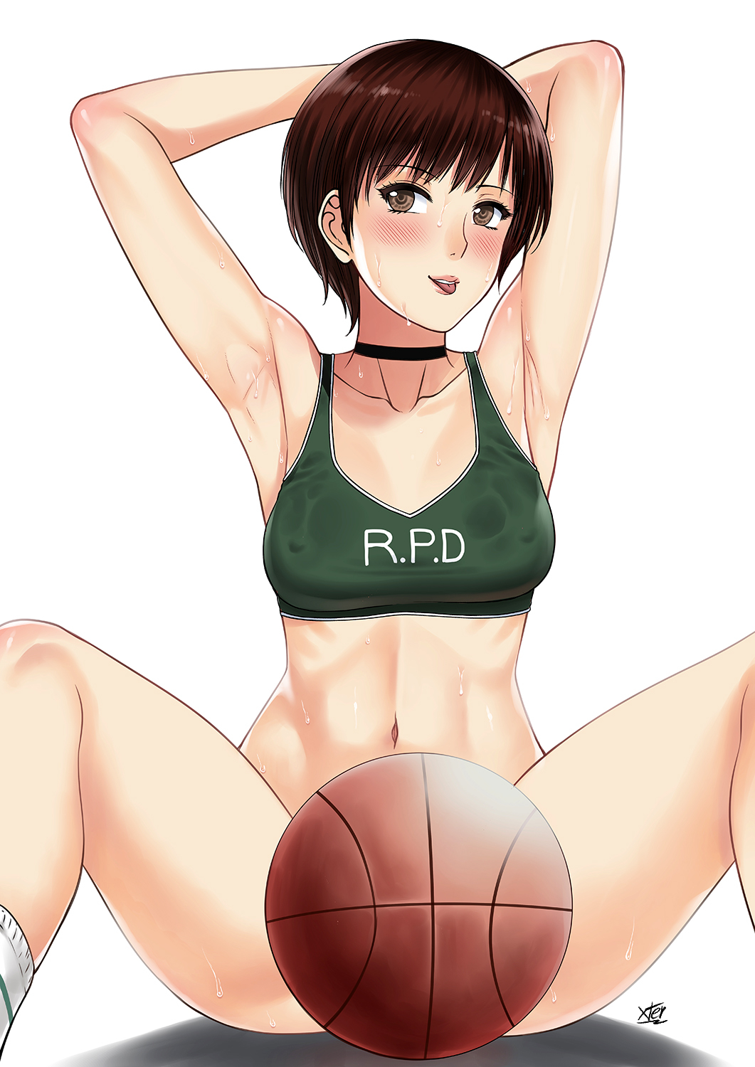 armpits arms_behind_head arms_up ball basketball basketball_(object) blush bottomless brown_eyes brown_hair capcom choker collarbone covered_erect_nipples dbd dead_by_daylight female_only highres navel rebecca_chambers resident_evil resident_evil_2 short_hair signature socks sportswear spread_legs sweat tank_top tongue tongue_out wet wet_body xtermination