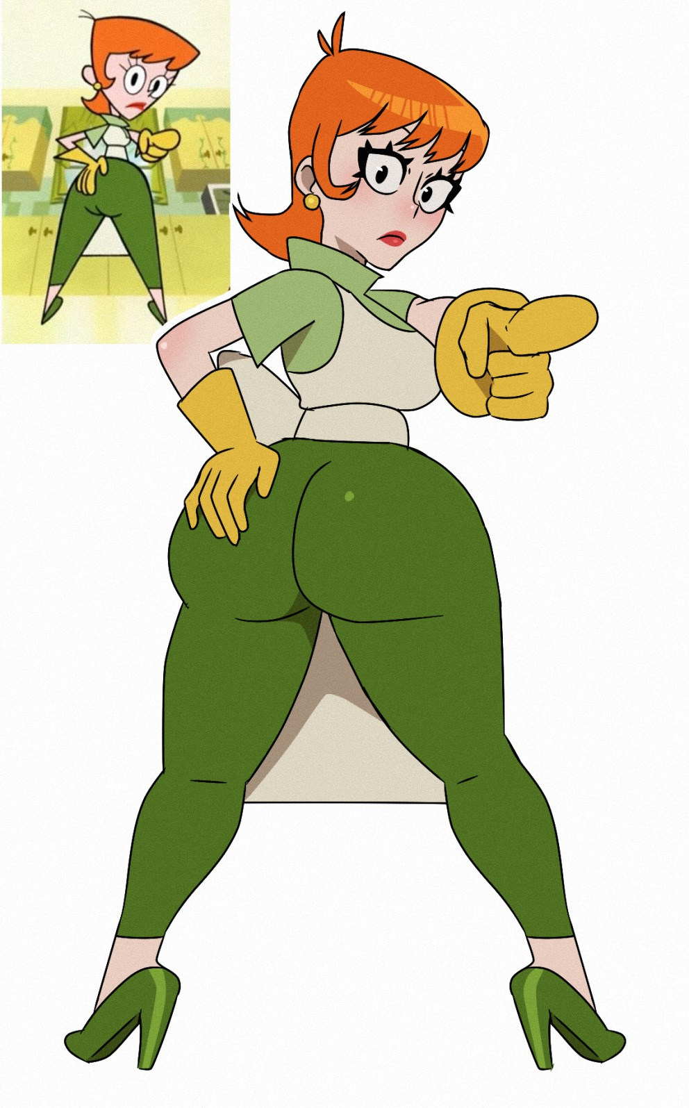 1girls, apron, ass, back, back view, big ass, big breasts, big butt, breasts, cartoon network, dexter's laboratory, dexter's mom, earrings, female, female only, fully clothed, gloves, greko, hand on hip, high heels, latex, latex gloves, light skin, light-skinned female, looking at viewer, looking back, mature, mature female, milf, orange hair, pointing, pointing at viewer, presenting hindquarters, reference image, showing ass, solo, solo focus, standing, thick thighs, thin waist, white background, yellow gloves