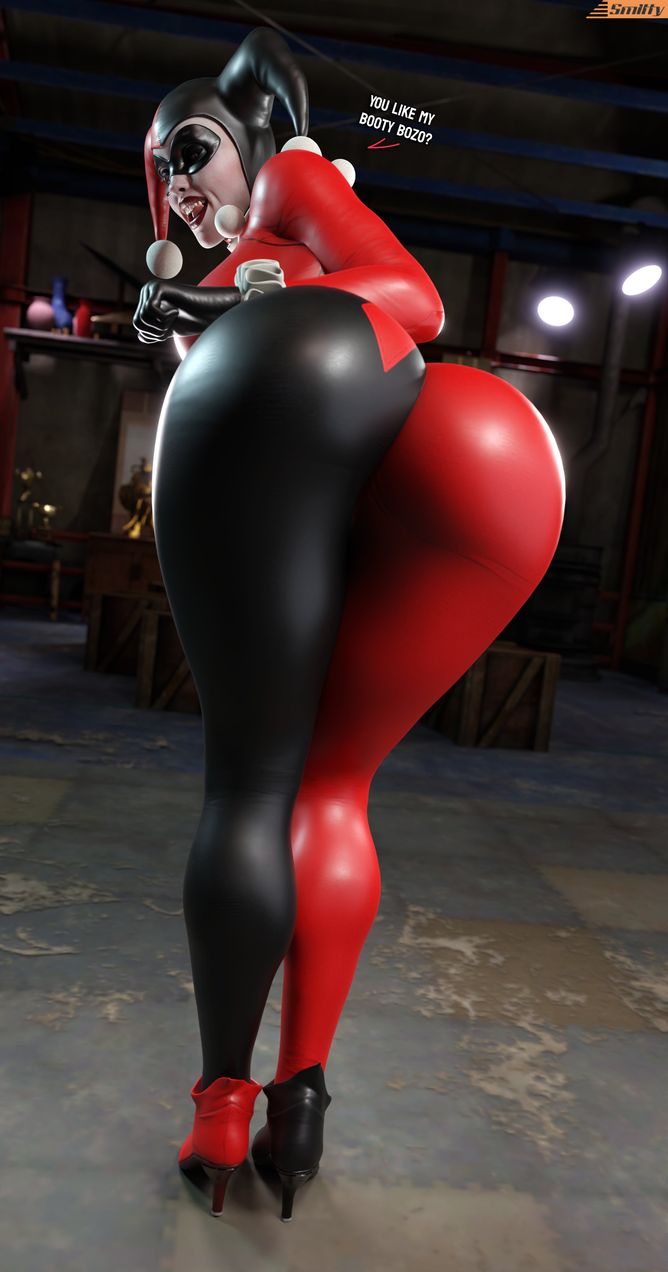 1girls, 3d, ass, ass focus, batman (series), batman: arkham knight, bending over, big ass, blender (software), breasts, bubble ass, bubble butt, clown, clown girl, dc, dc comics, female, female only, harley quinn, harley quinn (classic), harley quinn (injustice), high heels, huge ass, injustice 2, jester, jester cap, jester costume, jester girl, jester hat, jester outfit, large ass, large breasts, light skin, light-skinned female, looking at viewer, makeup, pale skin, pale-skinned female, smitty34, solo, superheroine, thick thighs, tight clothing, voluptuous, voluptuous female, wide hips