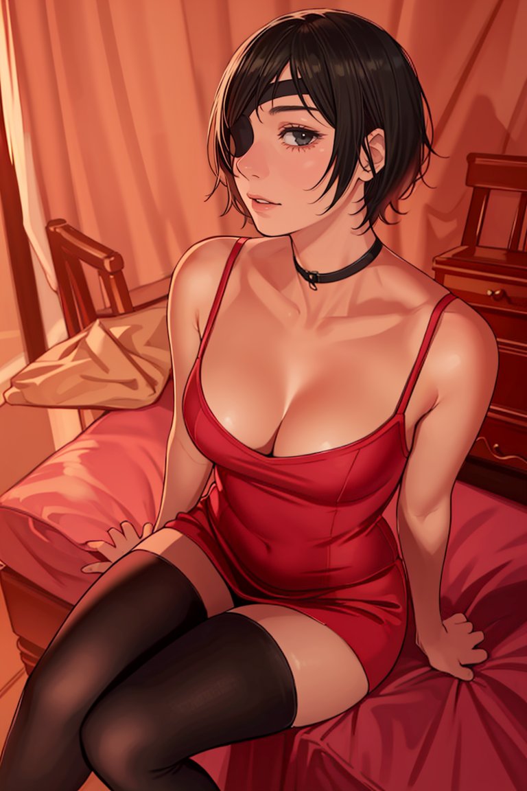 ai generated, big breasts, breasts, chainsaw man, cleavage, dress, eyepatch, female, female only, himeno (chainsaw man), light skin, light-skinned female, looking at viewer, mappa, stockings, thick thighs