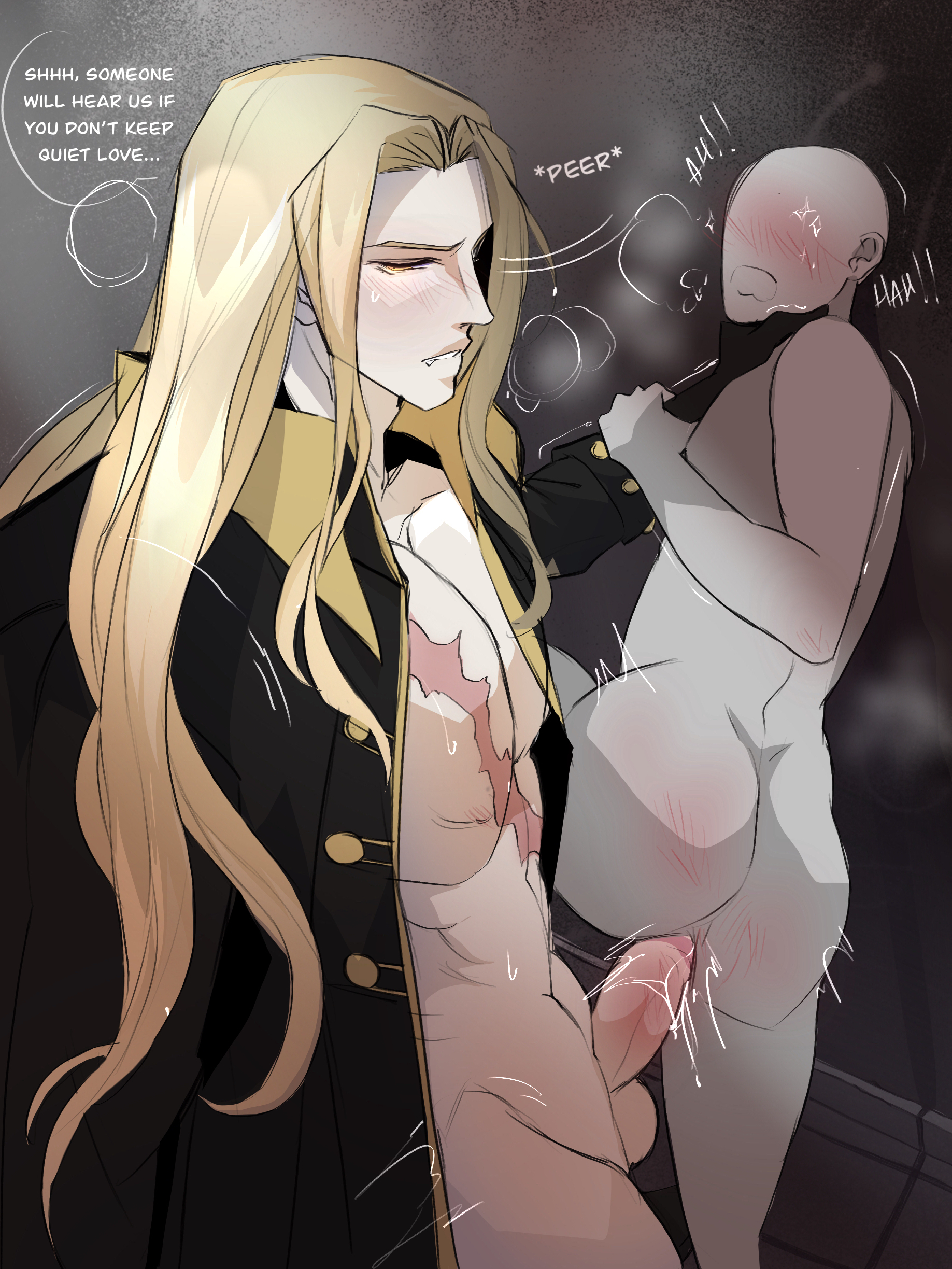 alucard (castlevania), ambiguous gender, anal sex, anon, areolae, ass, ass cheeks, balls, bishonen, blonde hair, blonde-haired male, blush, blushing, castlevania, castlevania (netflix), chest scar, coat only, dhampir, english commentary, english text, erection, faceless character, fangs, gay, gloves, grabbing neck, hand on throat, hi res, iversiin, konami, long hair, long-haired male, male, mostly nude, mostly nude male, muscular, muscular male, nipples, partially clothed, penetrating, penetration, penis, scars, sex, tagme, testicles, twunk, uncensored, uncensored penis, vampire, yellow eyes