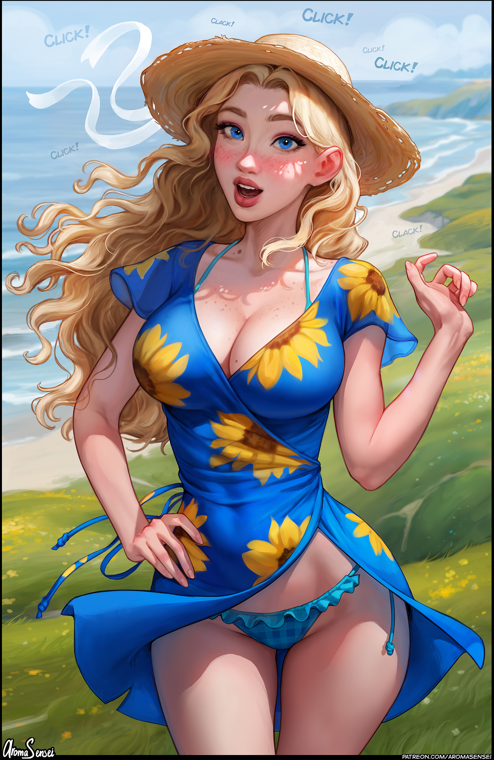 1girls, aroma sensei, ass, big ass, big breasts, bikini, bikini under clothes, blonde hair, blue eyes, breasts, busty, cleavage, curvaceous, curvy, curvy figure, cute, cute face, digital media (artwork), dress, eyebrows, eyelashes, eyes, female, female focus, fit, fit female, full lips, hair, haley (stardew valley), hat, hips, hourglass figure, human, large breasts, legs, light skin, light-skinned female, lips, long hair, mature, mature female, outdoors, slim, slim waist, solo, stardew valley, taking picture, thick, thick legs, thick lips, thick thighs, thighs, top heavy, upper body, voluptuous, waist, wide hips