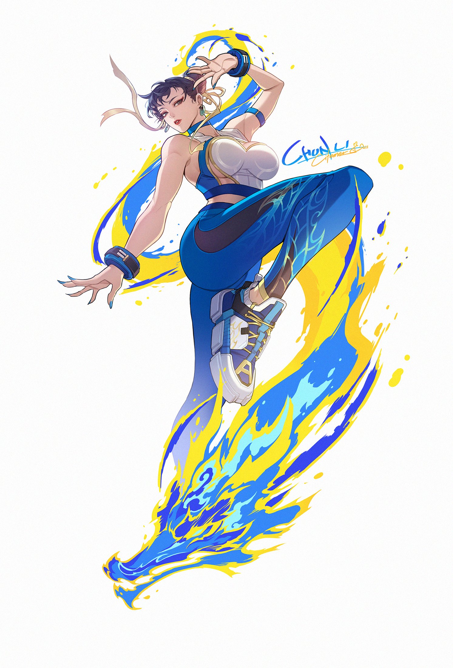 1girls, asian, asian female, athletic, athletic female, big breasts, bra, breasts, capcom, choker, chun-li, citemer, female, female only, fully clothed, leggings, midriff, midriff baring shirt, muscles, muscular, muscular female, solo, sports bra, sportswear, street fighter, toned, toned female