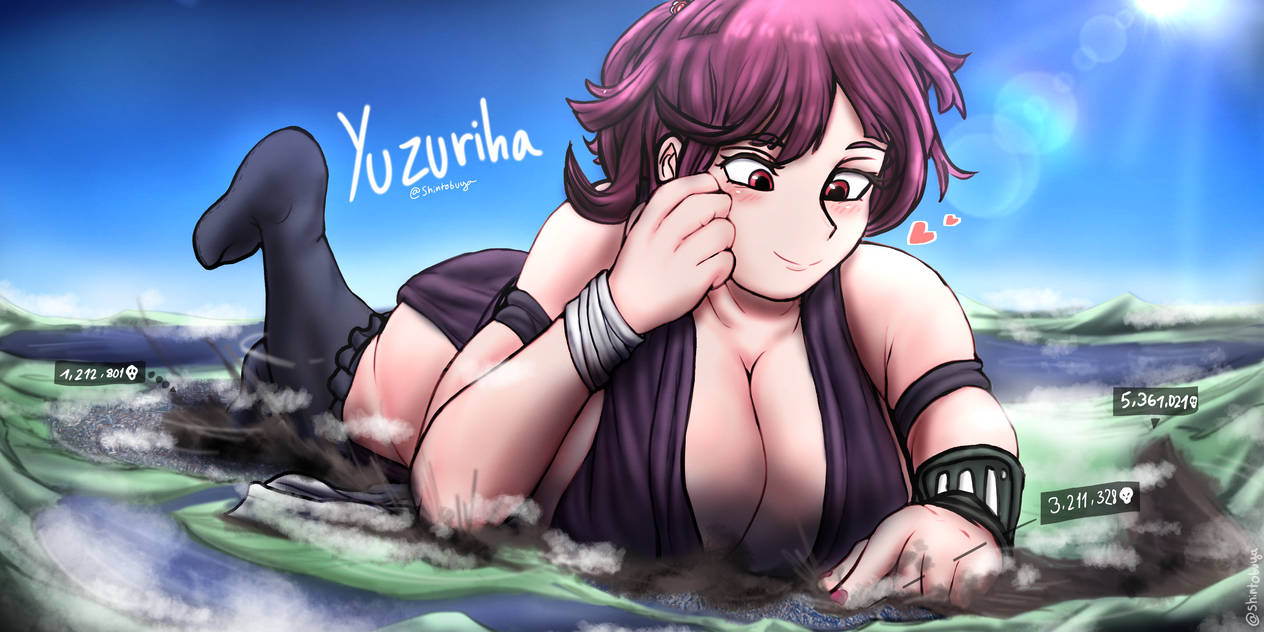 2d ass_cheeks city cityscape cleavage clothed_female color death_count destruction giantess giga_giantess gigantic_breasts jigokuraku kunoichi kunoichi_outfit laying_on_stomach macro micro purple_hair red_eyes revealing_clothes shintobuya snuff tabi tabi_socks yuzuriha_(jigokuraku)