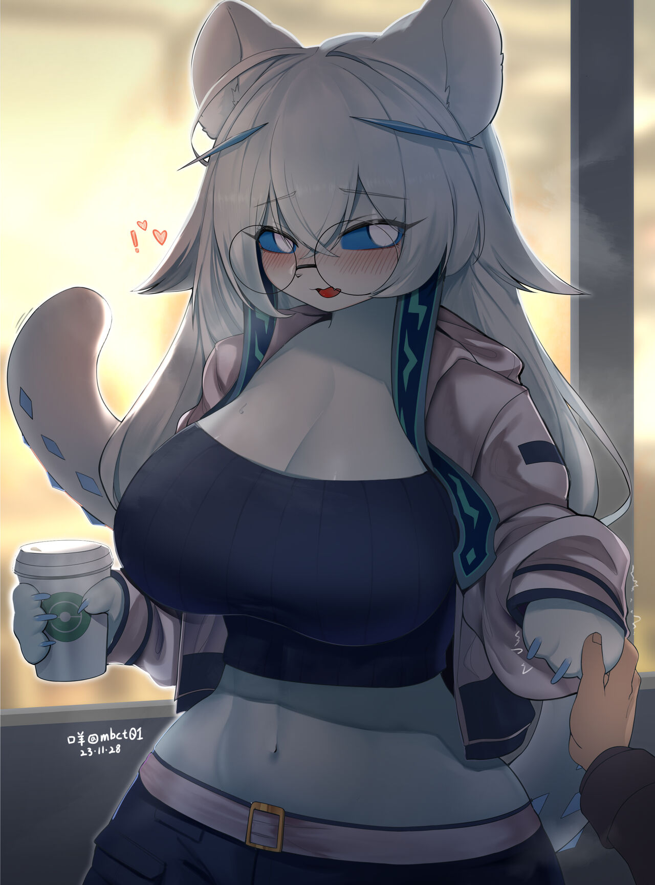 1girls 2d 2d_(artwork) animal_ears anthro belly belly_button big_breasts blue_eyes blue_skin blush blushing_at_viewer breasts chien-pao circle_glasses clothed clothing coffee coffee_cup covered_breasts crop_top digital_drawing_(artwork) facing_viewer female front_view fully_clothed furry glasses hair holding_drink holding_hands image jacket long_hair looking_at_viewer navel nintendo nyaohha open_eyes open_mouth pants paws pokemon pokemon_sv standing stomach waist white_hair