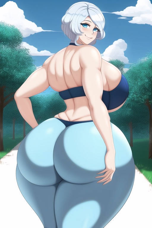 ai_generated ass ass_focus back_view big_ass big_breasts big_butt blue_eyes bubble_ass bubble_butt clothing dat_ass eyes female female_focus female_only huge_breasts large_ass large_breasts light-skinned_female light_skin looking_at_viewer looking_back milf rwby smile smiling sports_bra sportswear thick thick_ass thick_thighs transformationwitch voluptuous voluptuous_female white_hair wide_hips willow_schnee workout_clothes