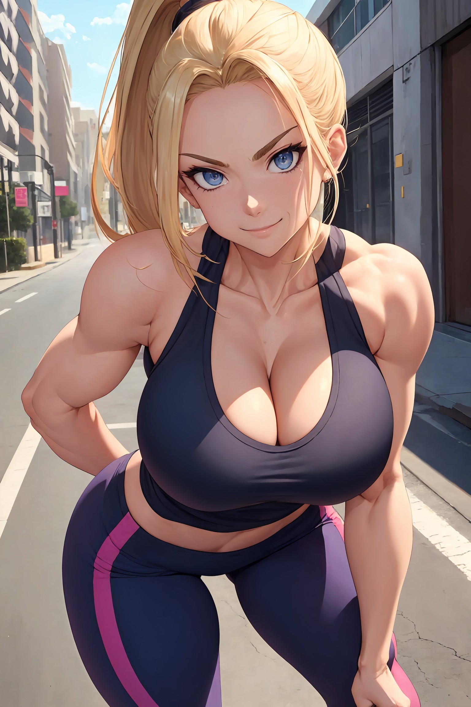 ai generated, blonde hair, female, female only, fit, fit female, gym, gym clothes, gym uniform, mature female, milf, muscles, muscular, muscular female