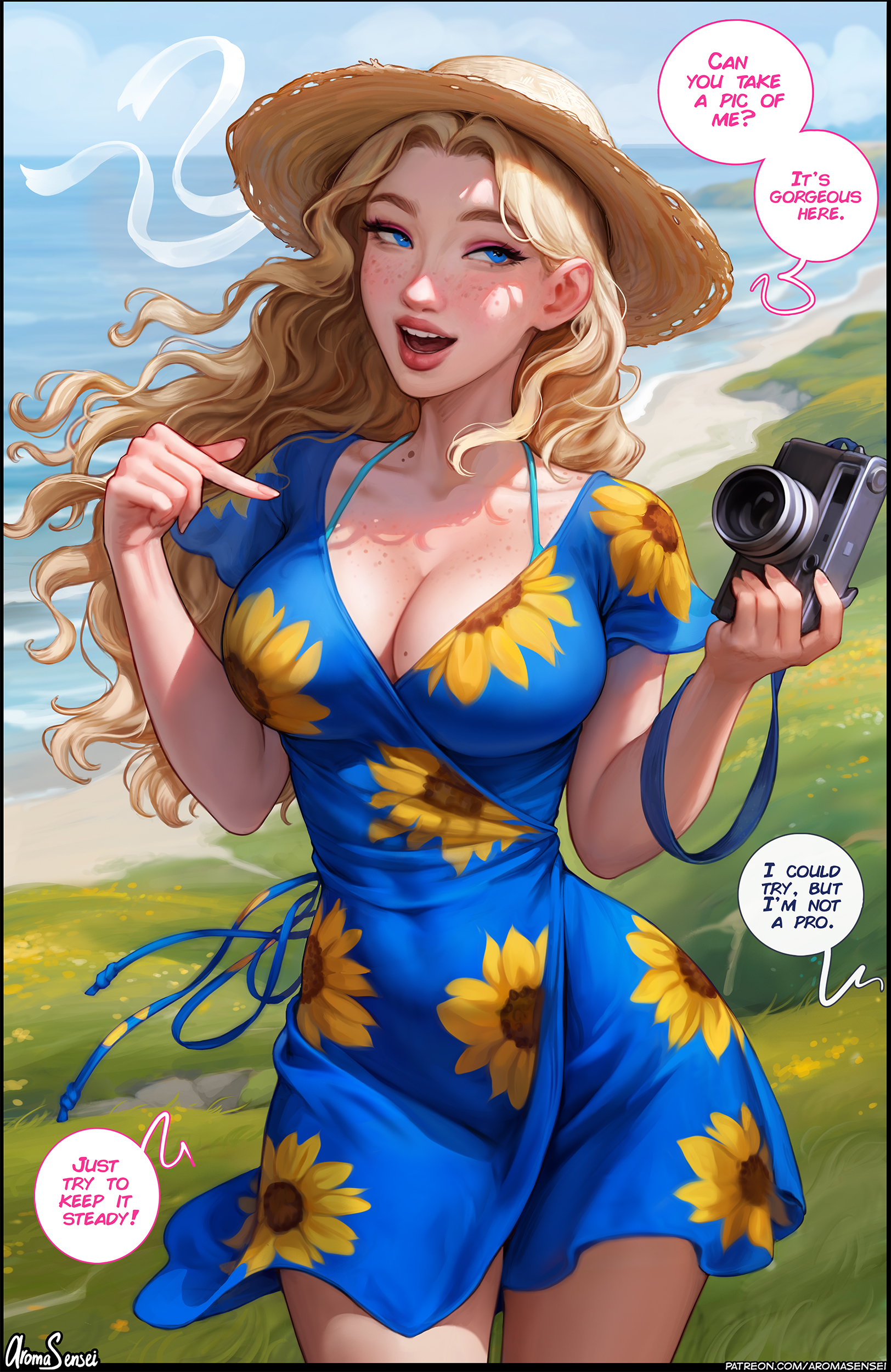 1girls, aroma sensei, ass, big ass, big breasts, blonde hair, blue eyes, breasts, busty, camera, cleavage, curvaceous, curvy, curvy figure, cute, cute face, digital media (artwork), dress, english text, eyebrows, eyelashes, eyes, female, female focus, fit, fit female, full lips, hair, haley (stardew valley), hat, hips, hourglass figure, human, large breasts, legs, light skin, light-skinned female, lips, long hair, mature, mature female, outdoors, slim, slim waist, solo, stardew valley, thick, thick legs, thick lips, thick thighs, thighs, top heavy, upper body, voluptuous, waist, wide hips