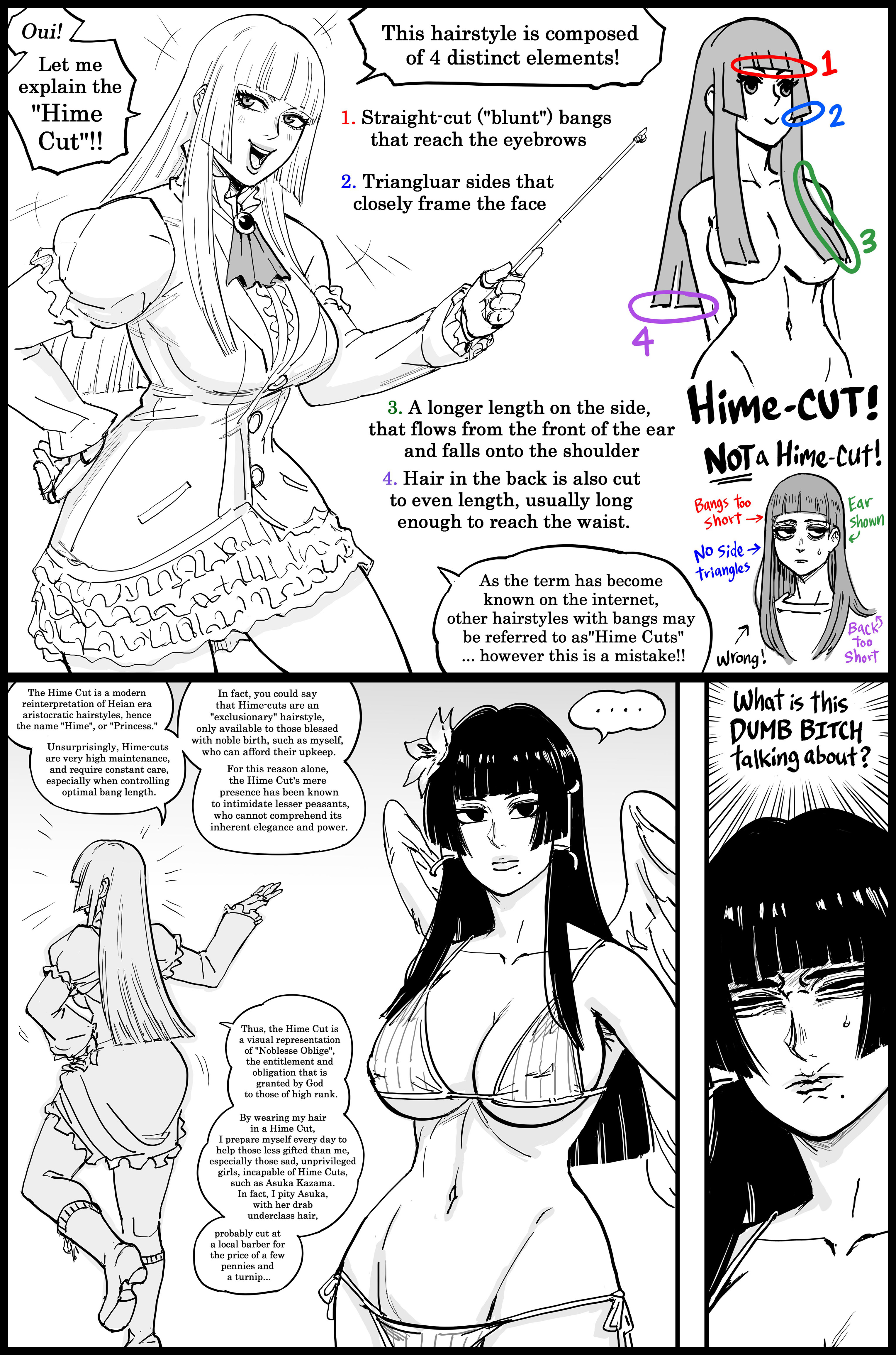 2girls, absurd res, bb (baalbuddy), blunt bangs, comic, dead or alive, dead or alive 5, dialogue, emilie de rochefort, english text, female, female only, funny, hime cut, looking at viewer, monochrome, namco, nyotengu, smiling, smiling at viewer, speech bubble, tagme, tecmo, tekken, text, two panel image