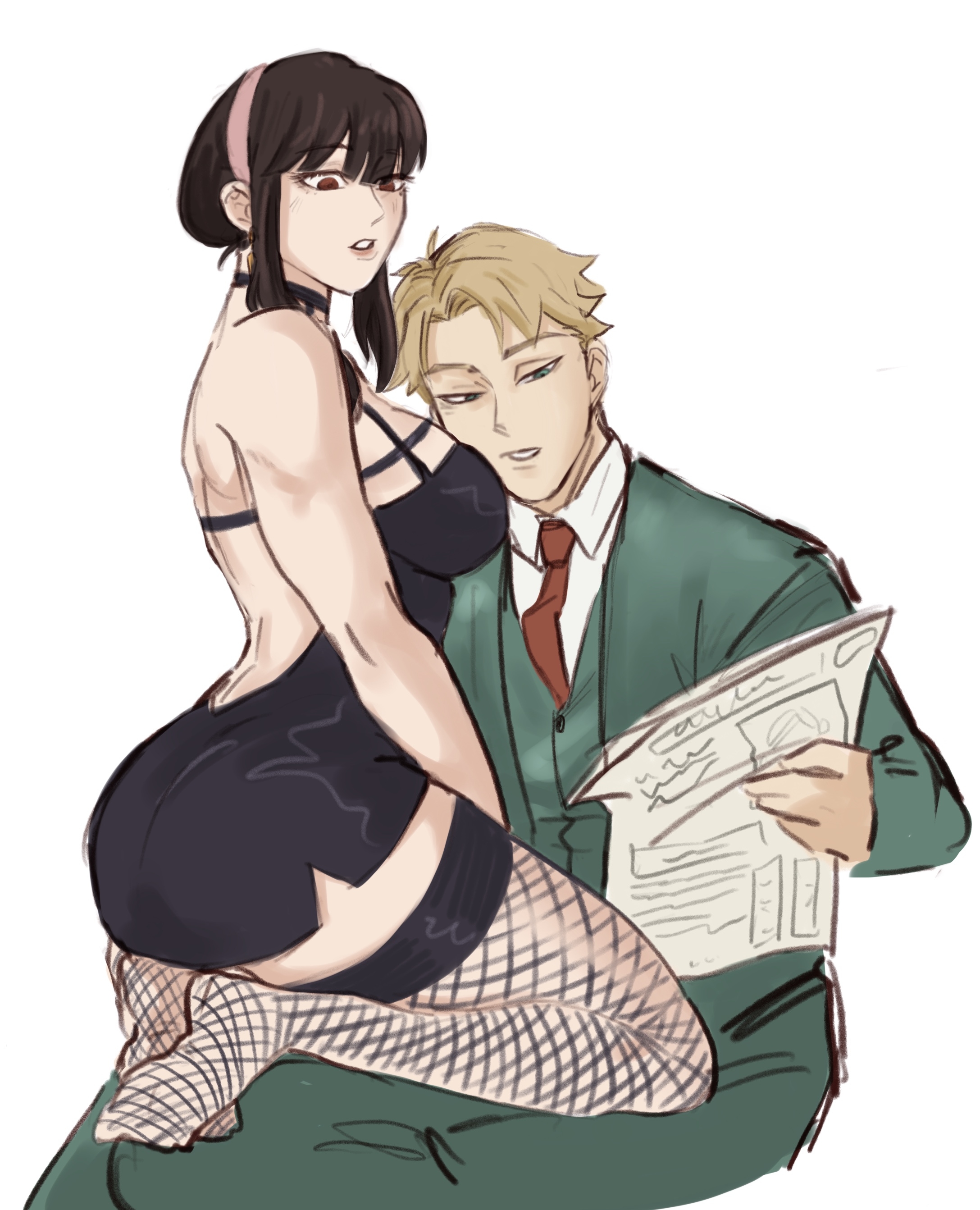 1boy, 1girls, 2023, 2d, 2d (artwork), black hair, blonde hair, blue eyes, brown eyes, canon couple, clothed, clothed female, clothed male, female, human, human only, ijessbest, loid forger, looking away, looking down, male, newspaper, questionable, reading, reading newspaper, simple background, spy x family, straight, thighhighs, white background, wholesome, yor briar