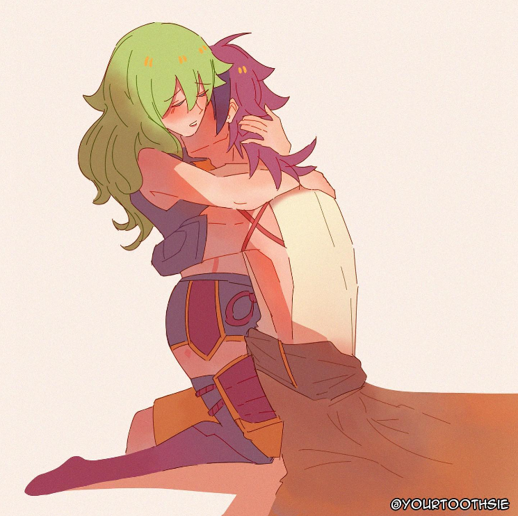 1boy, 1girls, arm around waist, arms around partner, blush, closed eyes, embrace, female, genshin impact, green hair, hugging, kissing neck, kuki shinobu, male, male/female, on lap, shikanoin heizou, straight, suggestive