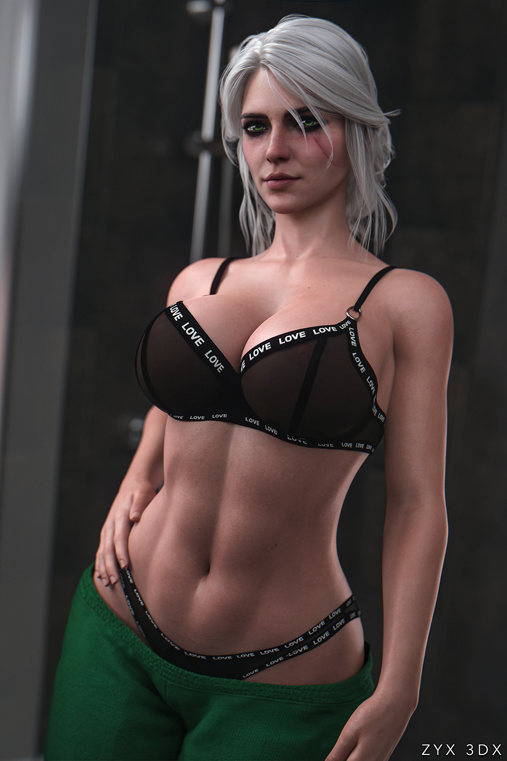 1girls, 3d, big breasts, breasts, ciri, clothing, female, female only, green eyes, lingerie, nipples, solo, the witcher (series), the witcher 3: wild hunt, thong, white hair, zyx3dx