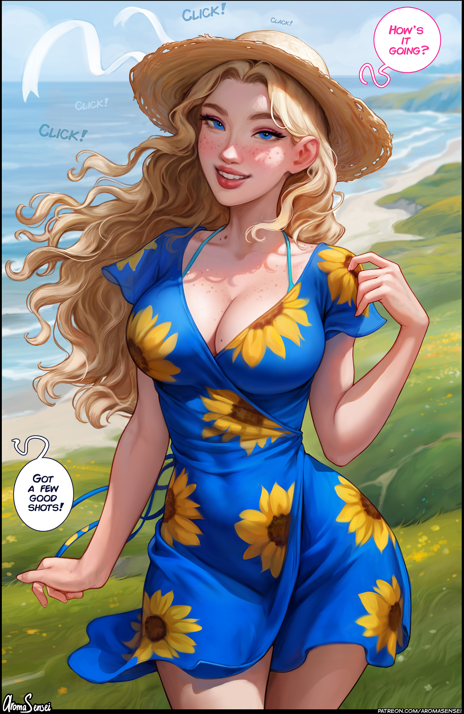 1girls, aroma sensei, ass, big ass, big breasts, blonde hair, blue eyes, breasts, busty, cleavage, clothed, curvaceous, curvy, curvy figure, cute, cute face, digital media (artwork), dress, english text, eyebrows, eyelashes, eyes, female, female focus, fit, fit female, full lips, fully clothed, hair, haley (stardew valley), hat, hips, hourglass figure, human, large breasts, legs, light skin, light-skinned female, lips, long hair, mature, mature female, outdoors, slim, slim waist, solo, stardew valley, taking picture, thick, thick legs, thick lips, thick thighs, thighs, top heavy, upper body, voluptuous, waist, wide hips