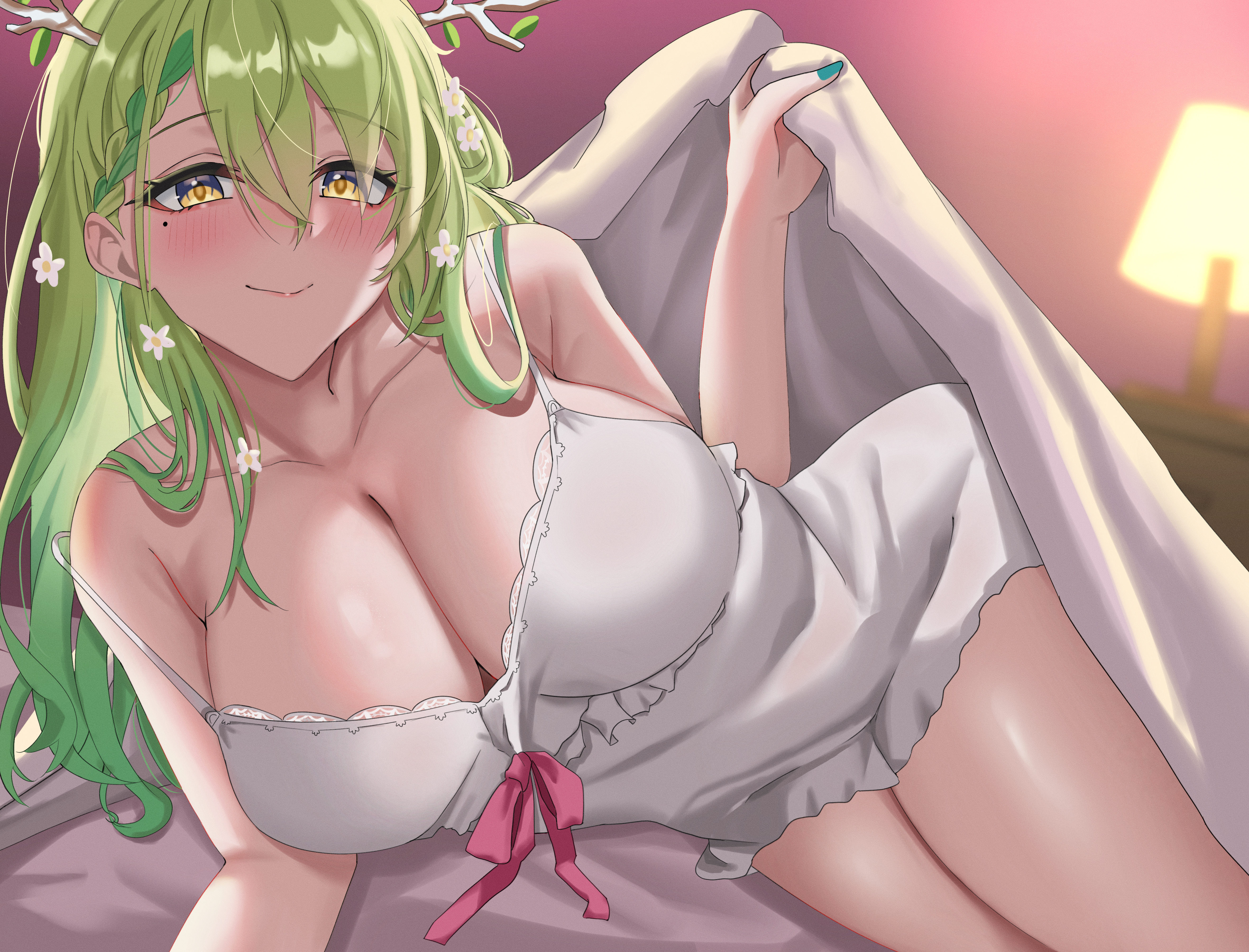 1girls, 2023, alternate version available, antlers, babydoll, bed, bed sheet, bedroom, big breasts, blanket, blush, breasts, ceres fauna, cleavage, eyebrows, eyebrows visible through hair, eyelashes, female, female only, green hair, hololive, hololive english, hololive english -council-, hololive english -promise-, indoors, inviting under covers, large breasts, light skin, light-skinned female, looking at viewer, lying, lying on bed, lying on side, mole, mole under eye, nonude, sfw version, smile, solo, thick thighs, thighs, under covers, virtual youtuber, vtuber, white babydoll, yellow eyes, yobi (ybpac18)