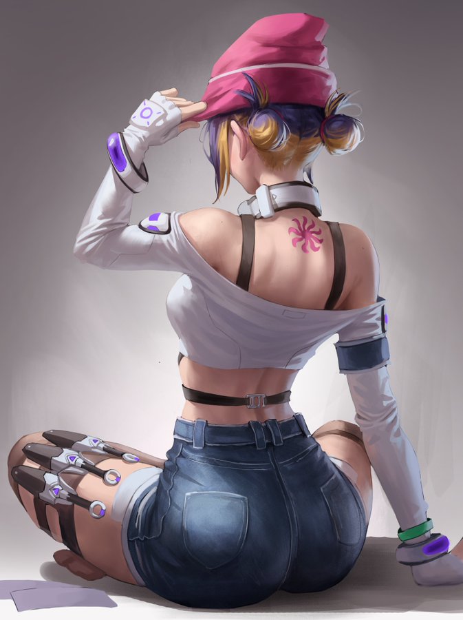 antifragile_kira-kira ass crop_top hyuk_(yeayeo) jeans_shorts kiriko_(overwatch) le_sserafim overwatch overwatch_2 pants round_ass short_hair shorts