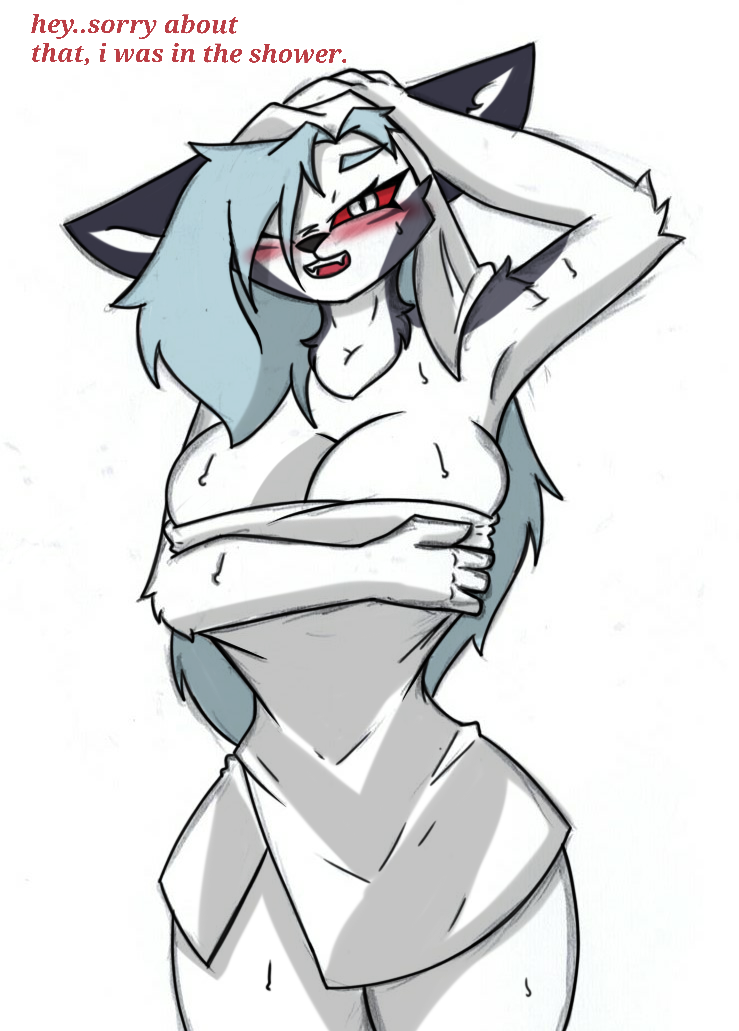 anthro blush canid canid_demon canine demon female furry hellhound helluva_boss loona_(helluva_boss) pace-maker showered slim solo thick_thighs towel wide_hips